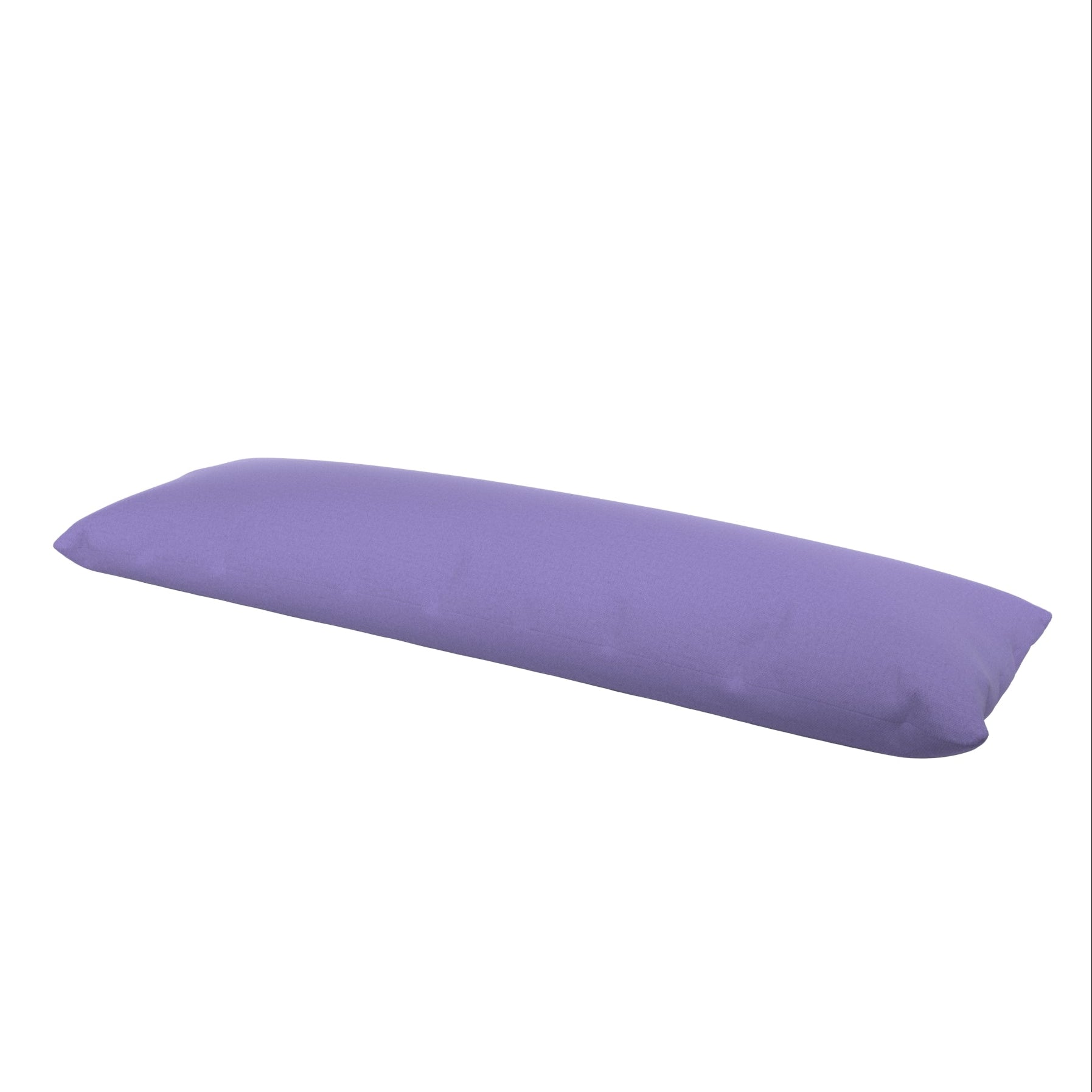 Purple cover on a body pillow with a white background.
