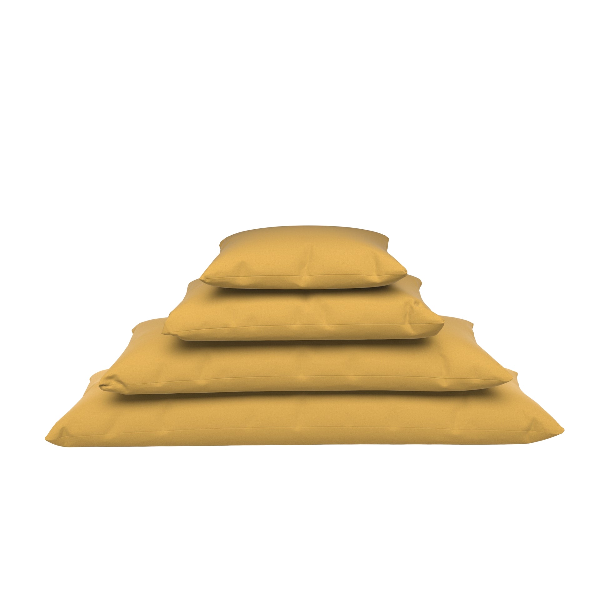 Dandelion yellow lumbar pillows stacked on a white background.