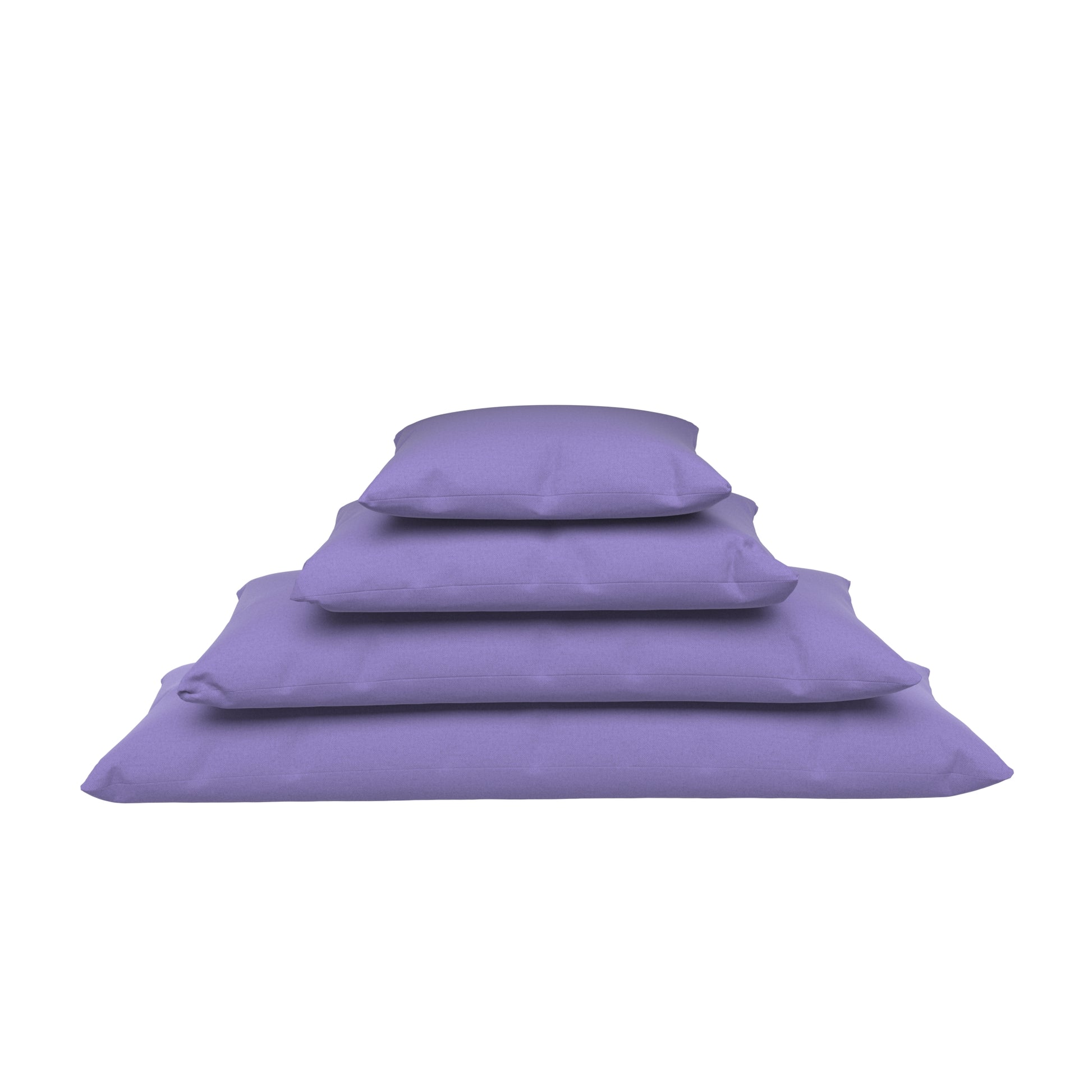 Four lavender purple lumbar pillows stacked on a white background.