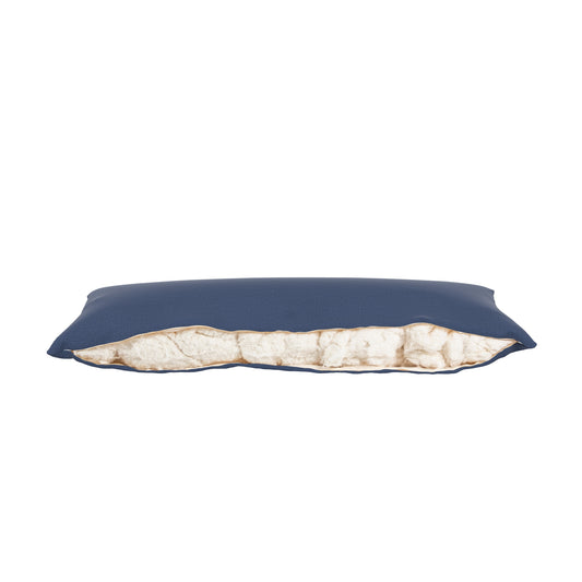 Product image of a body pillow with a blue cover. Zipper open showing cotton inside.