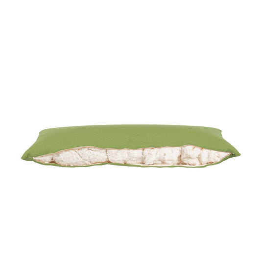 Product image of a body pillow with a green cover. Zipper open showing cotton inside.