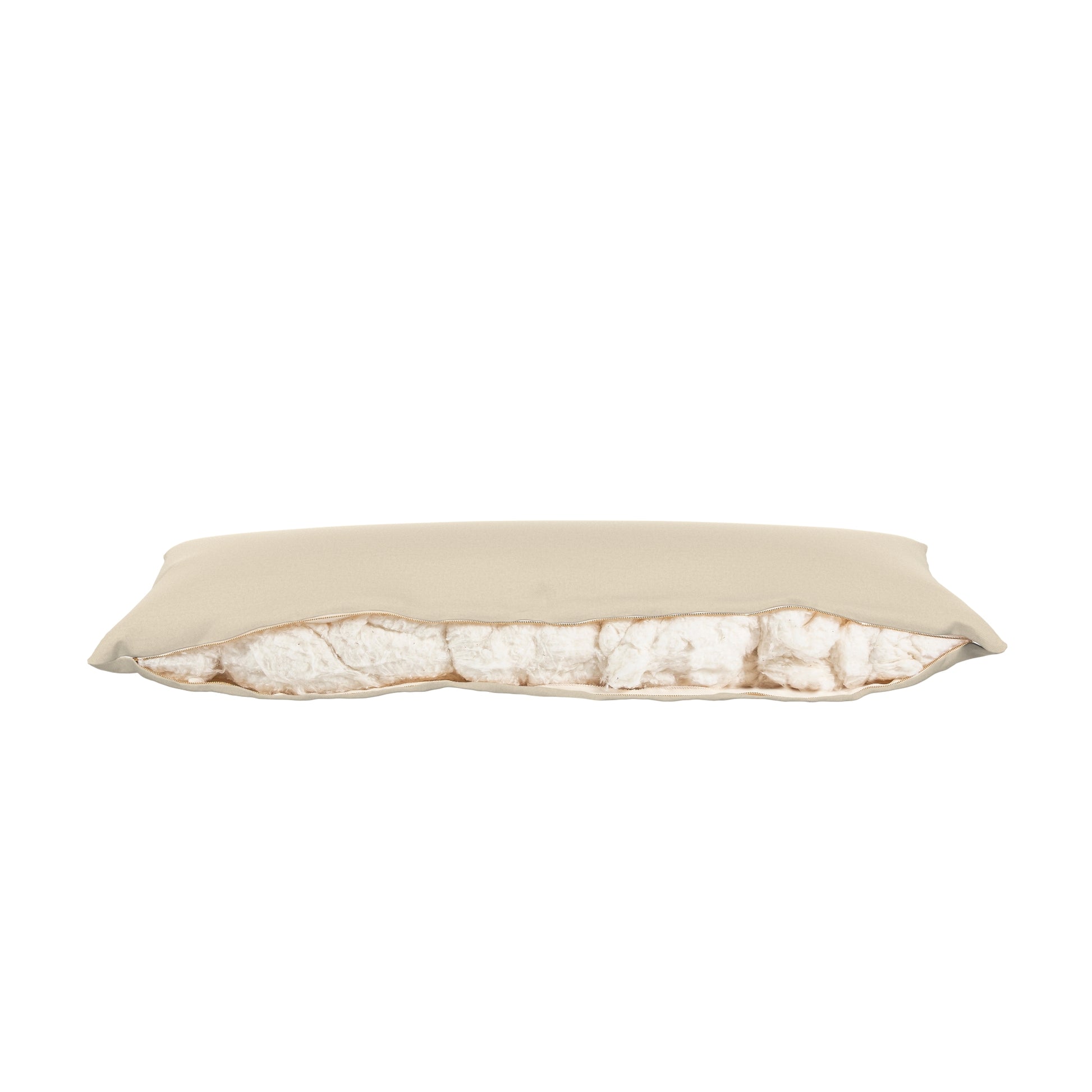 Product image of a body pillow with a natural cover. Zipper open showing cotton.
