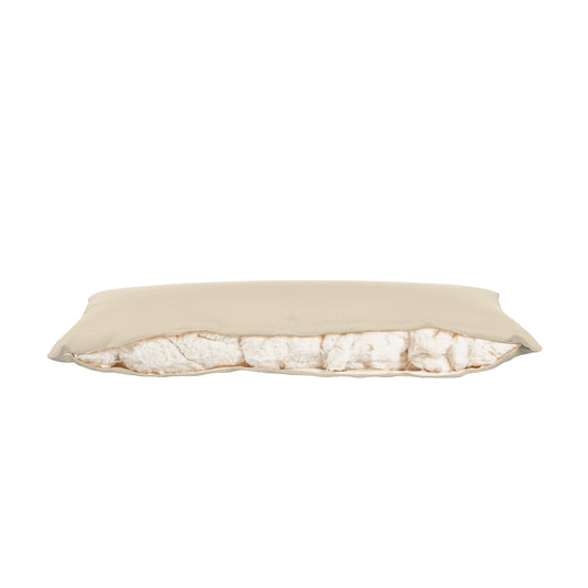 Product image of a body pillow with a natural cover. Zipper open showing cotton.