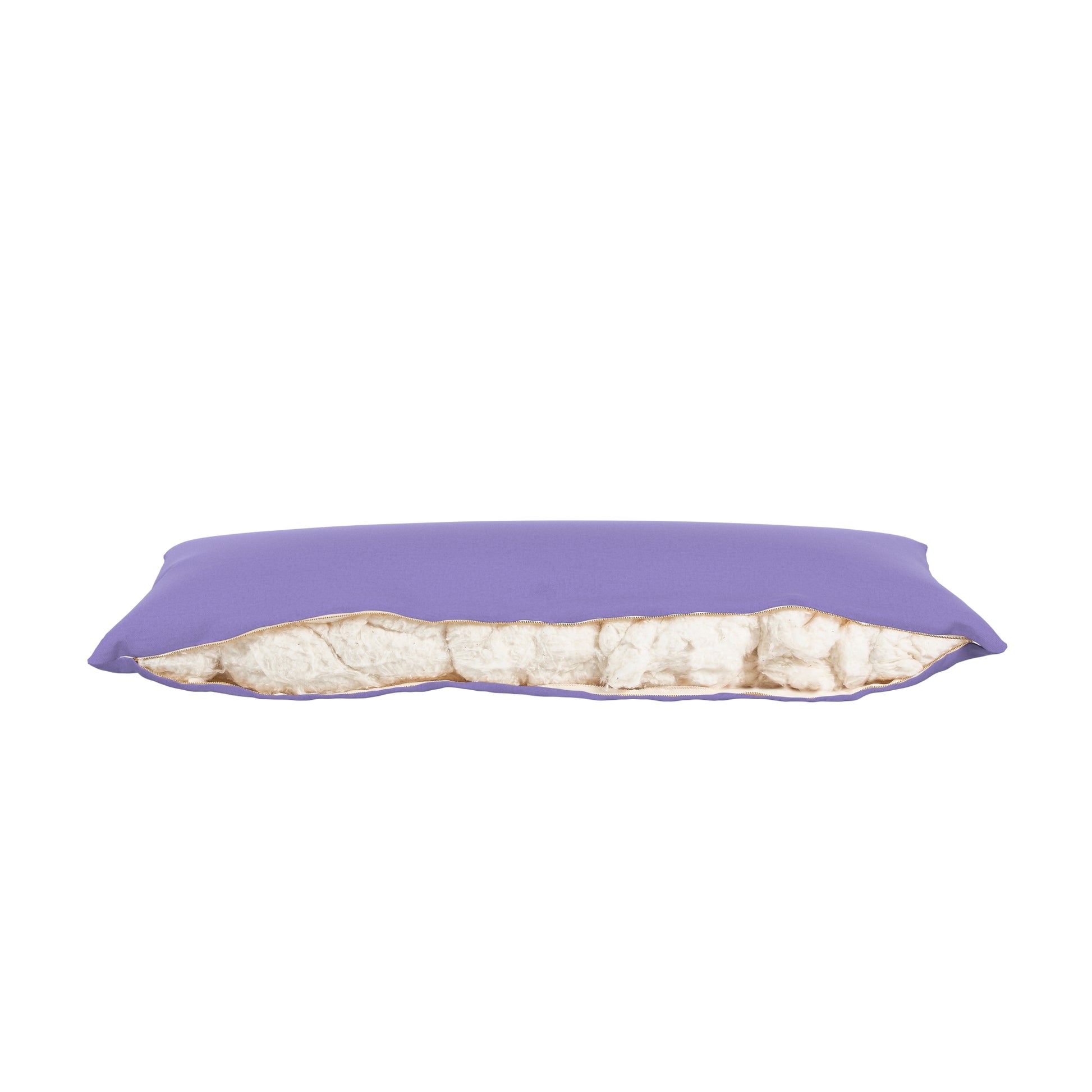 Purple cover on body pillows, zipper open showing cotton inside. On a white background.