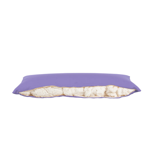 Purple cover on body pillows, zipper open showing cotton inside. On a white background.
