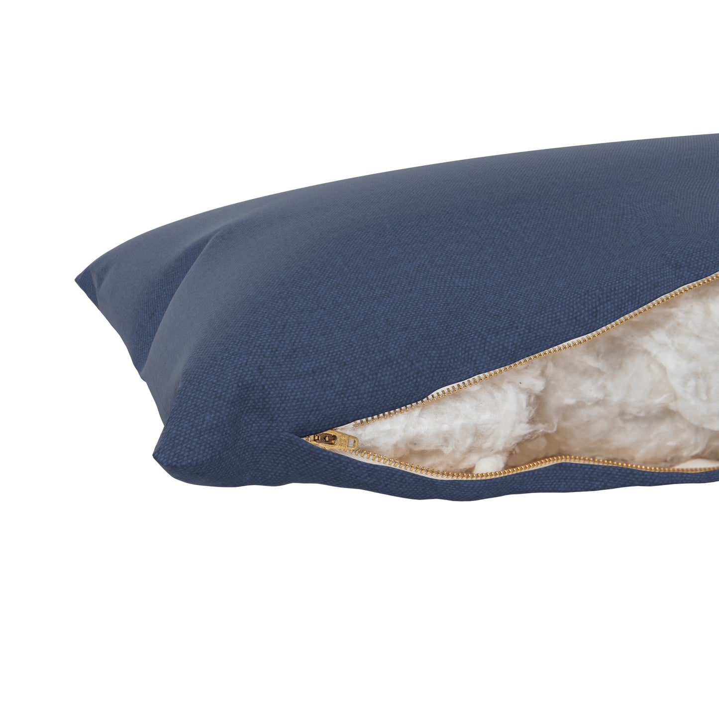 Detailed product image of a body pillow with a blue cover. Zipper open showing cotton inside.