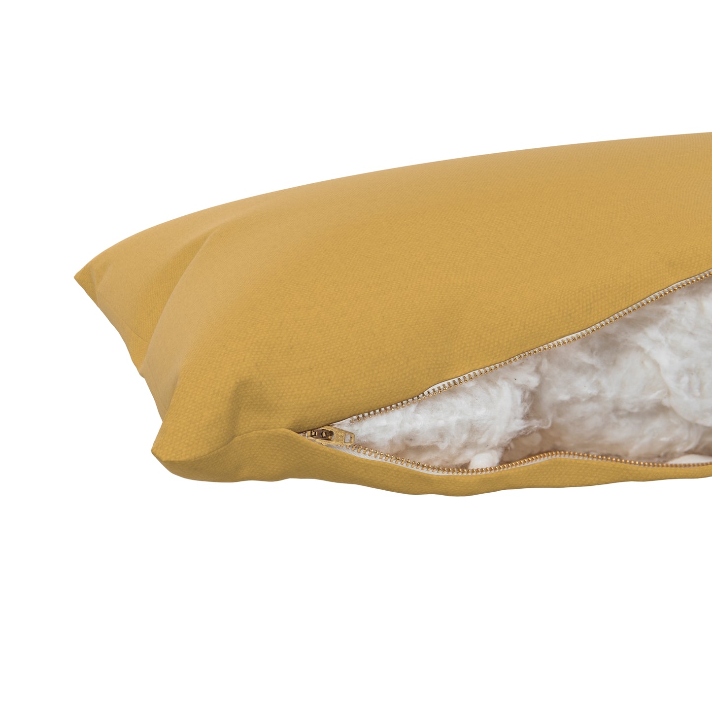 Dandelion yellow lumbar pillow on a white background. Cover zipper open showing cotton inside.