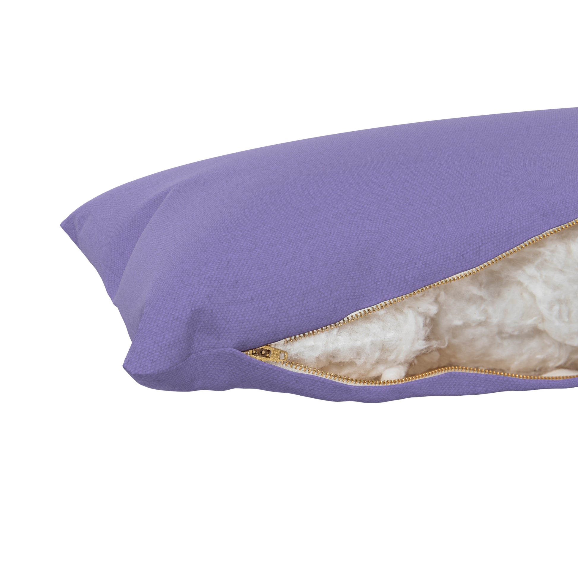 Purple cover on body pillow, zipper open showing cotton inside. On a white background.