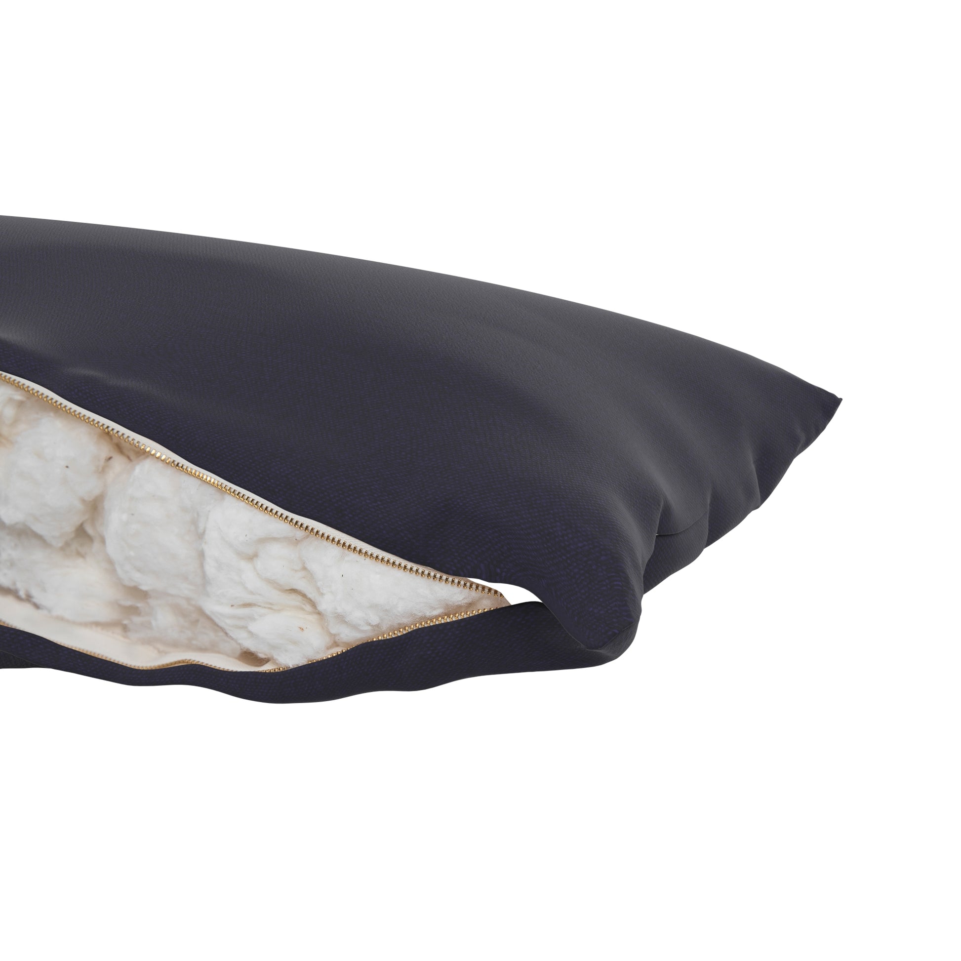 Product image of a body pillow with a navy cover. Zipper open to show cotton inside.