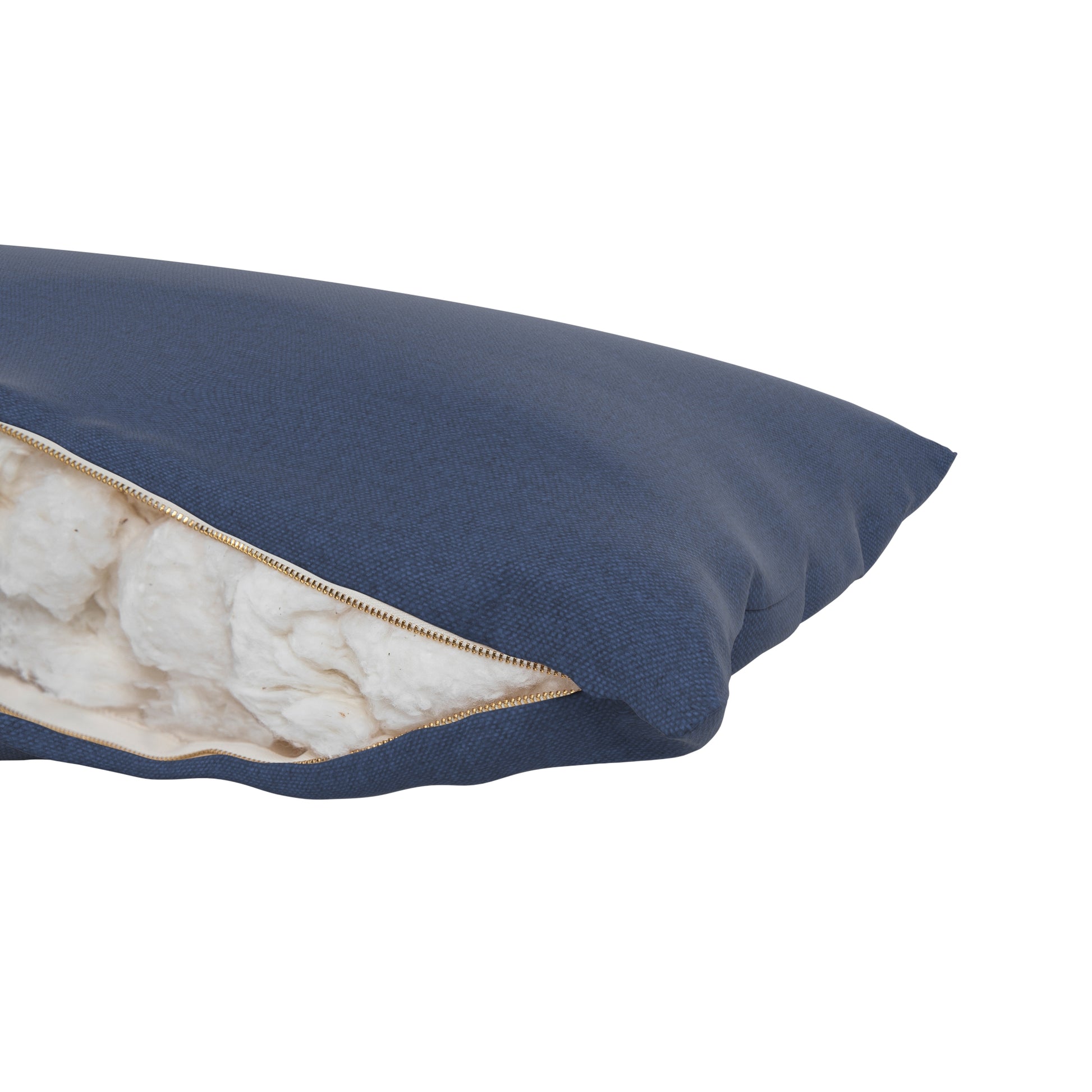 Detailed product image of a body pillow with a blue cover. Zipper open showing cotton inside.