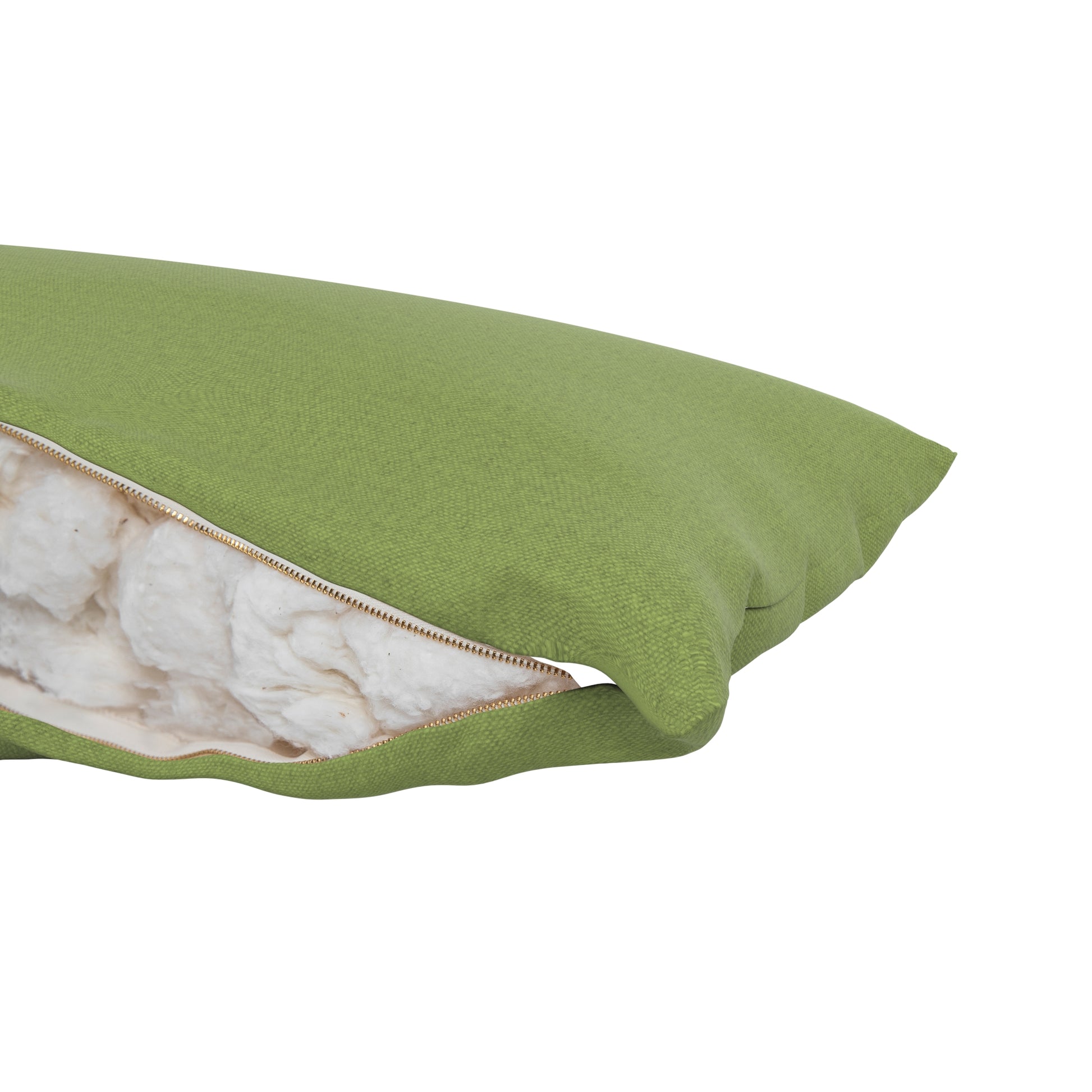Detailed product image of a body pillow with a green cover. Zipper open showing cotton inside.