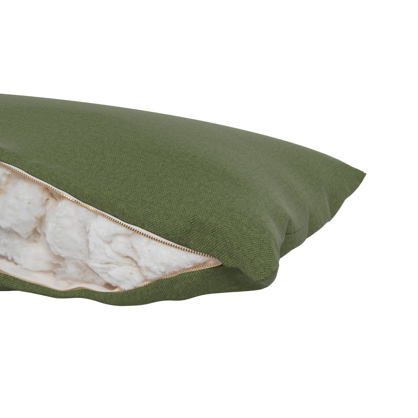 Fern green body pillow on a white background. Zipper open showing cotton inside.