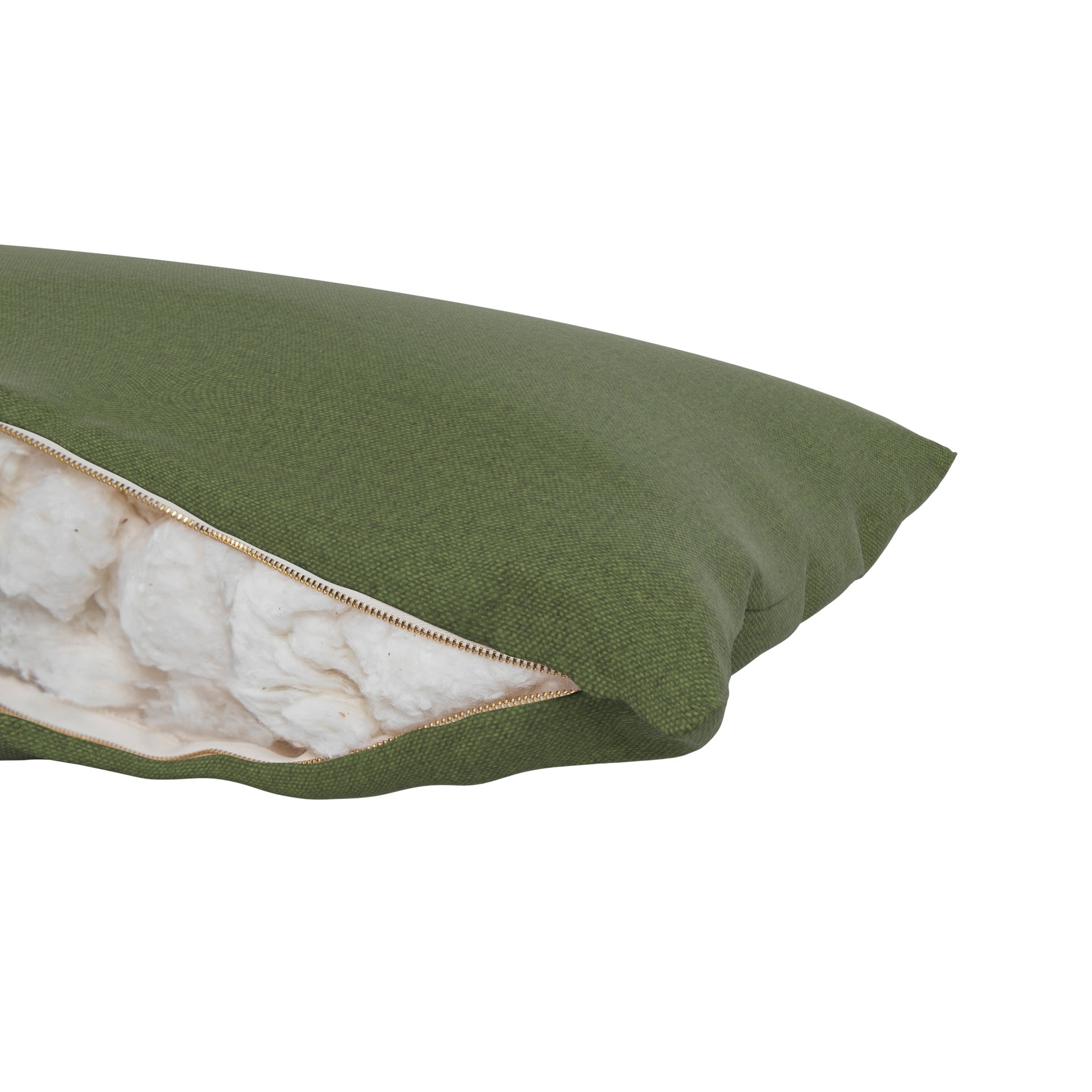 Fern green body pillow on a white background. Zipper open showing cotton inside.