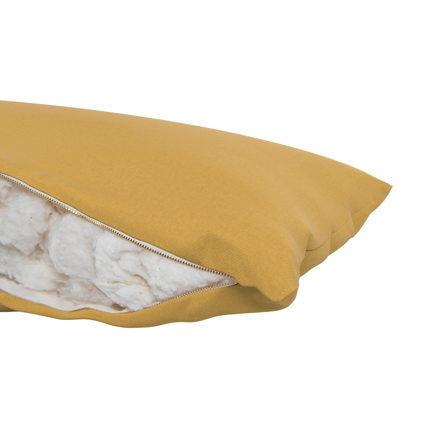Product image of a body pillow with a dandelion yellow cover. Zipper open showing cotton inside.