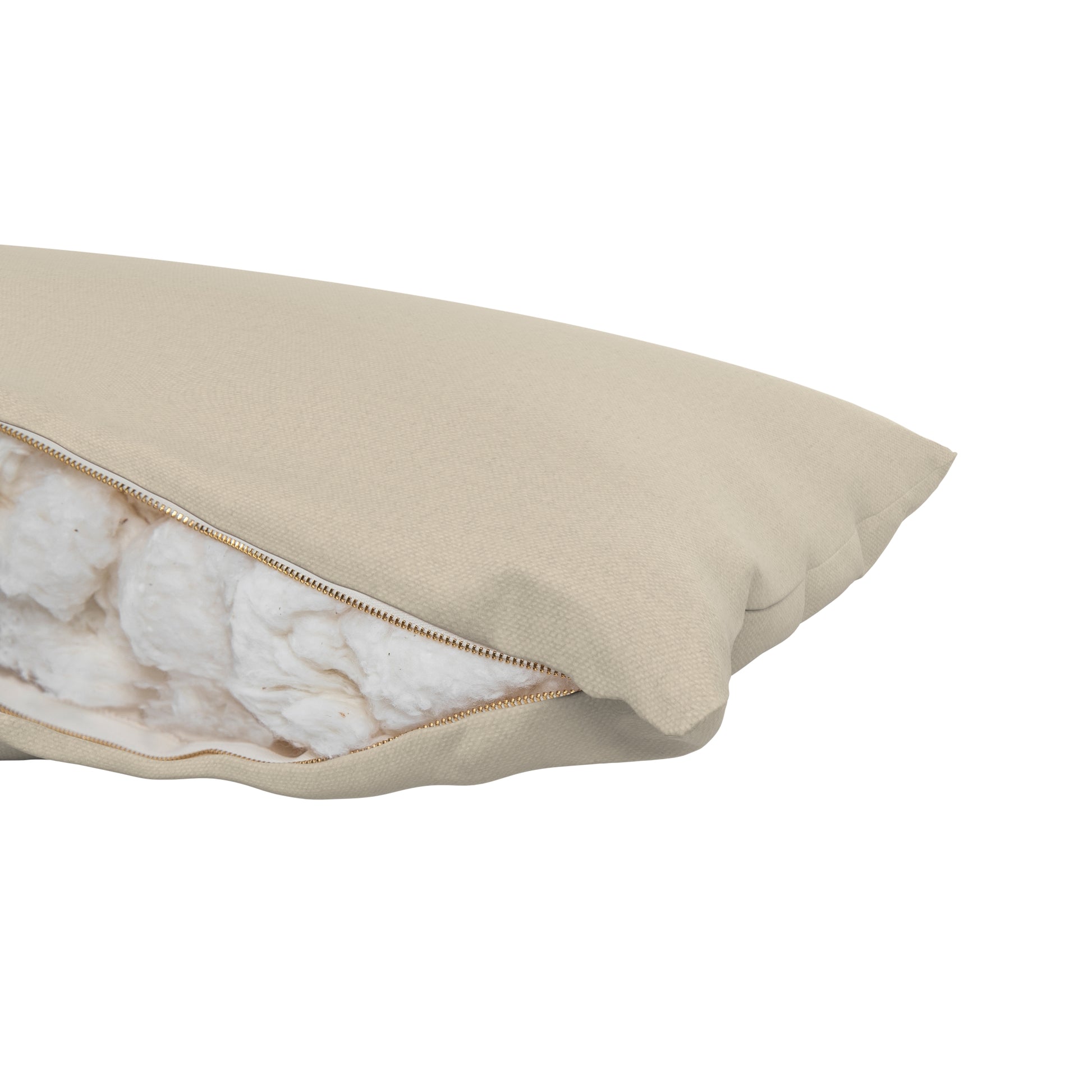 Product image of a body pillow with a natural cover color. Zipper open showing cotton inside.