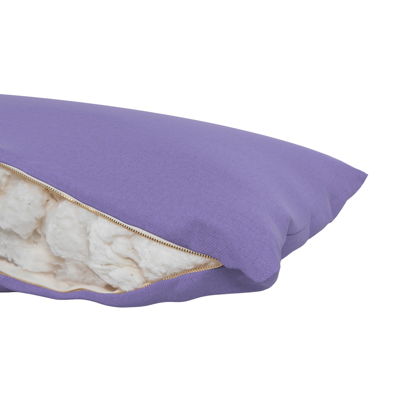 Purple body pillow cover with zipper open showing cotton inside. On a white background.