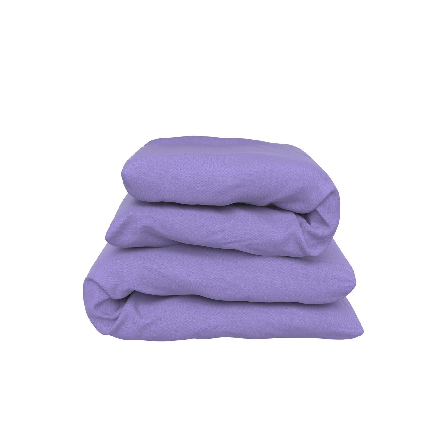 Purple covers on body pillows, stacked ontop one another. On a white background.