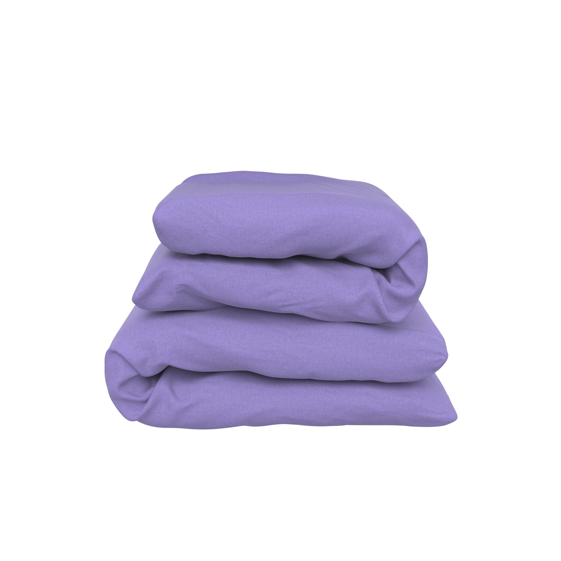 Purple covers on body pillows, stacked ontop one another. On a white background.