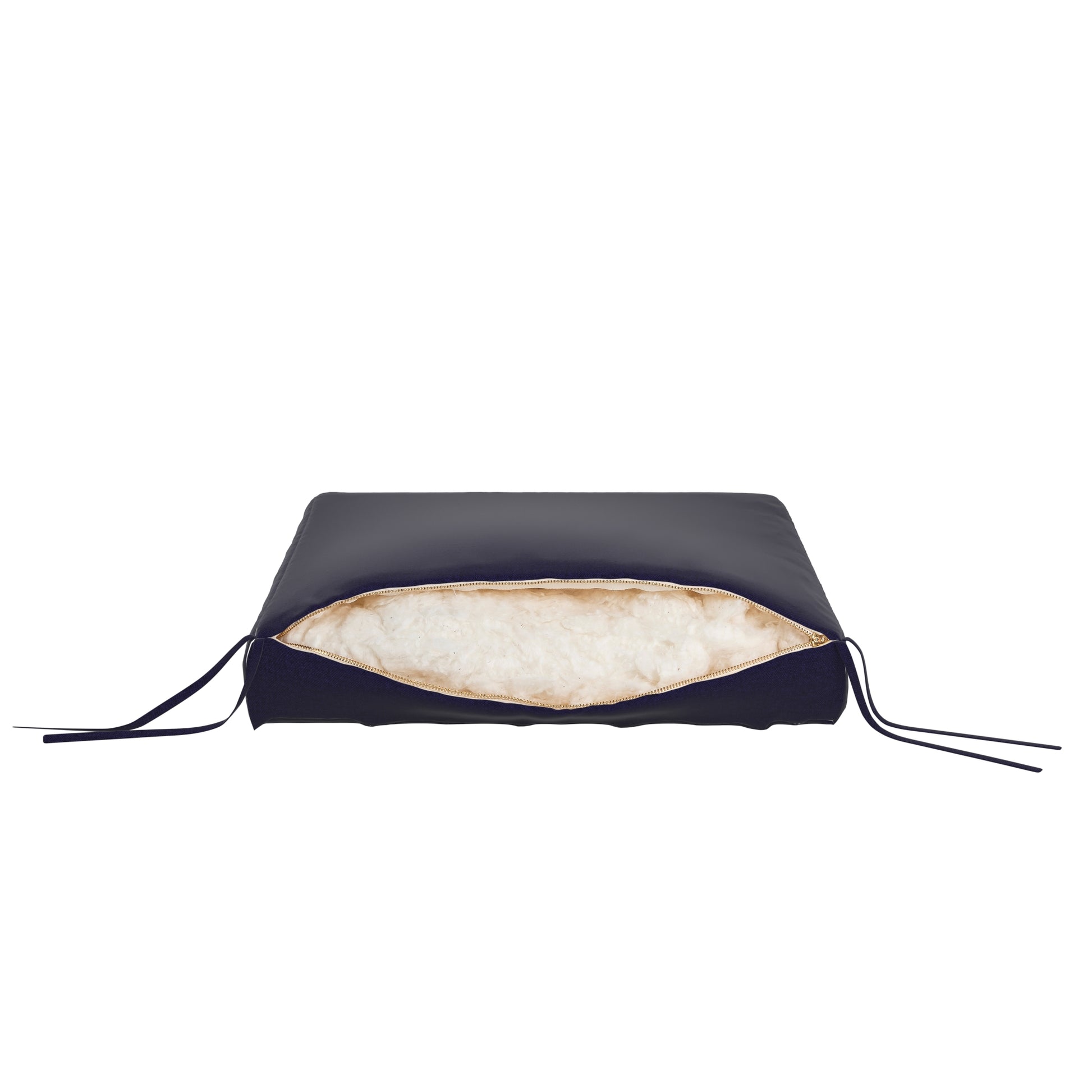 Navy blue seat cushion on a white background. Zipper open showing cotton inside.