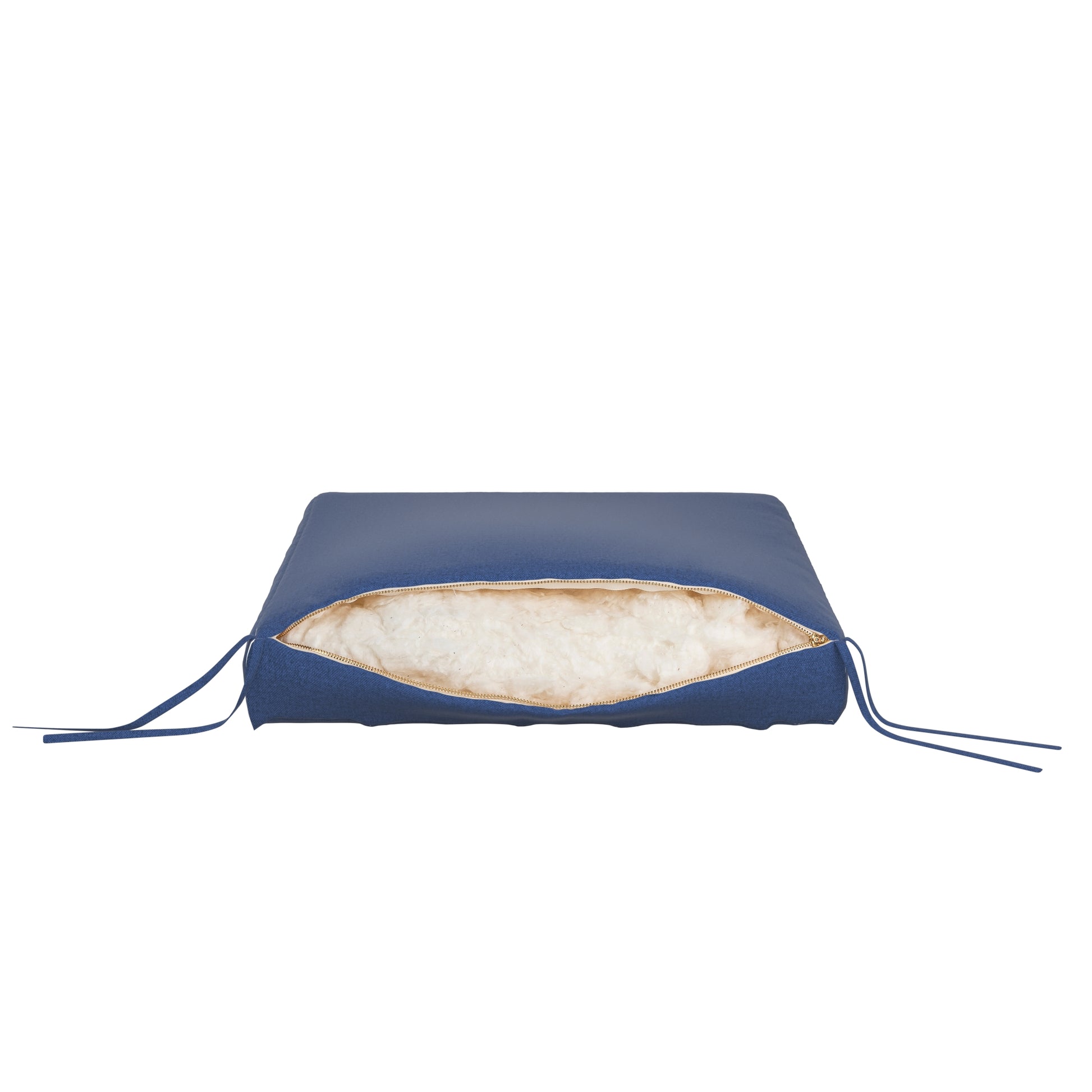 Denim blue seat cushion on a white background. Zipper open showing cotton inside.