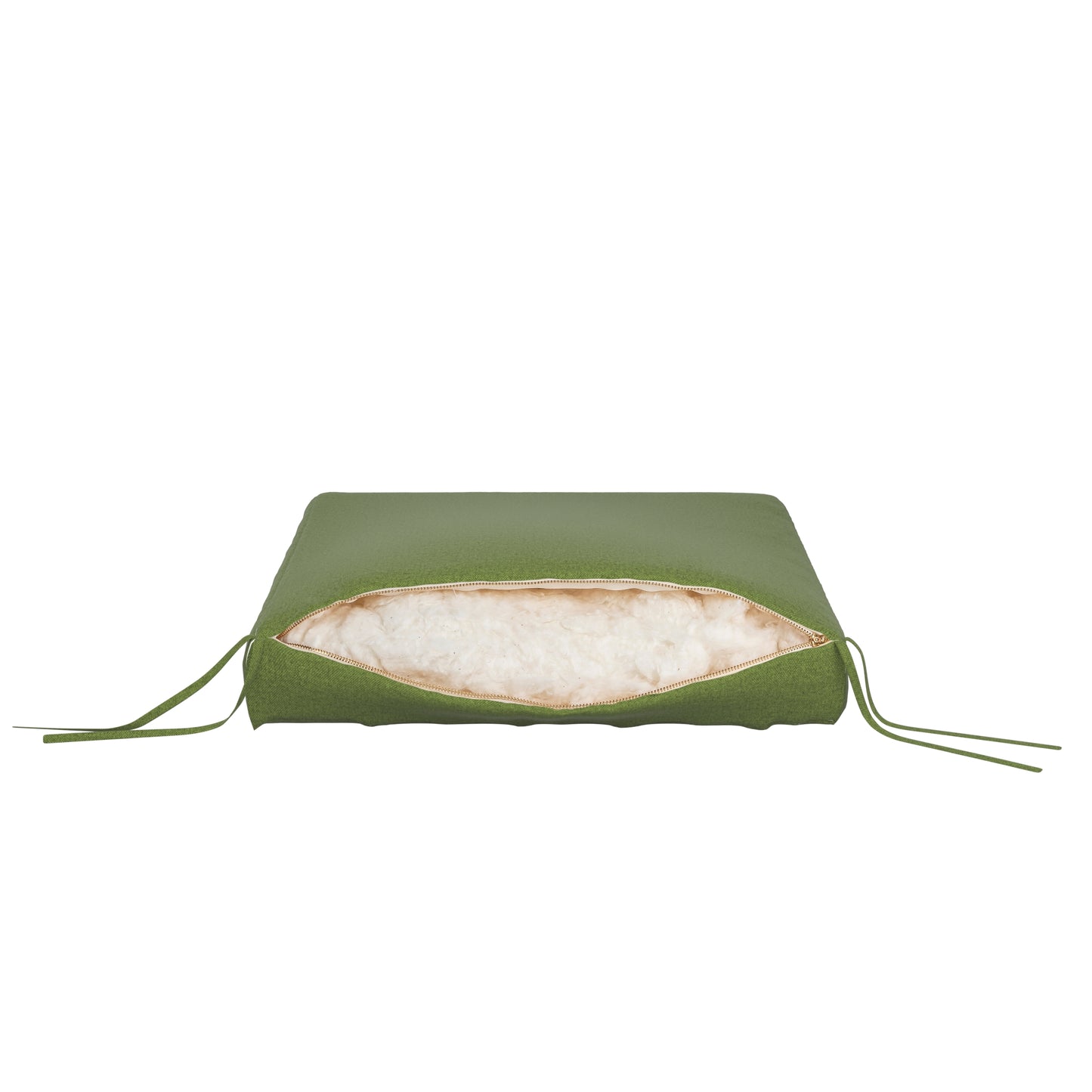 Fern green seat cushion on a white background. Zipper open showing cotton inside.