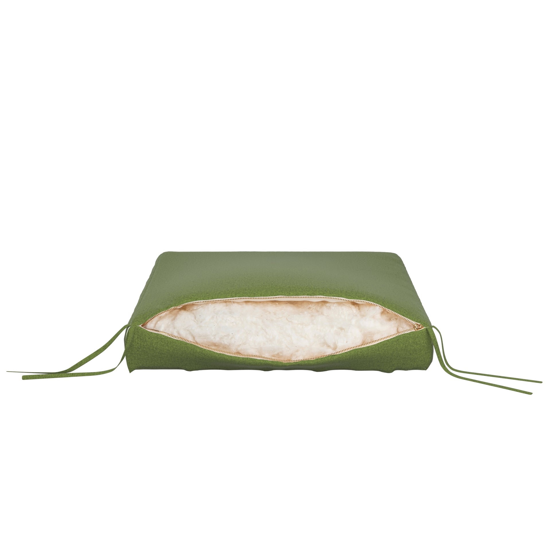 Fern green seat cushion on a white background. Zipper open showing cotton inside.