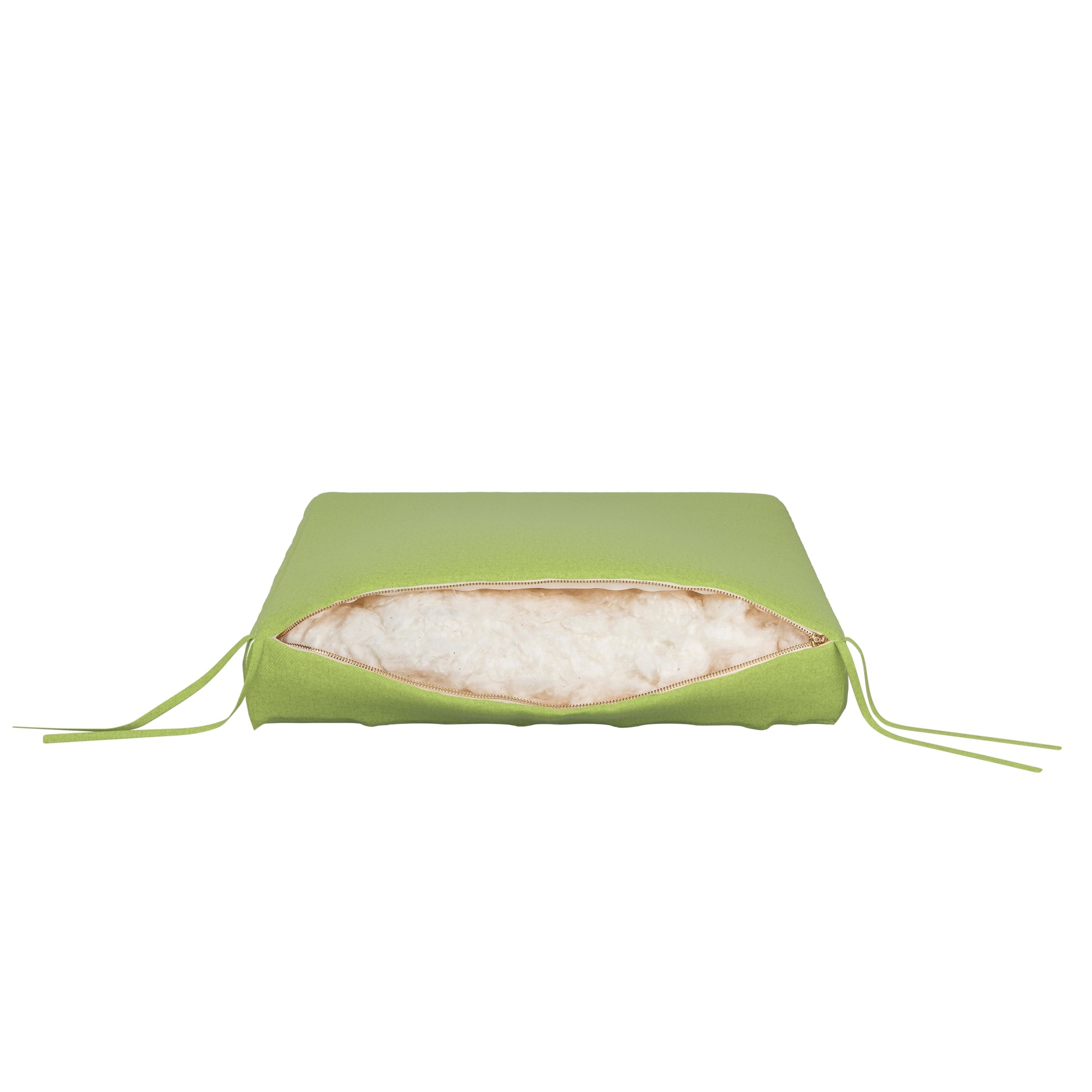 Light green seat cushion on a white background. Zipper open showing cotton inside.