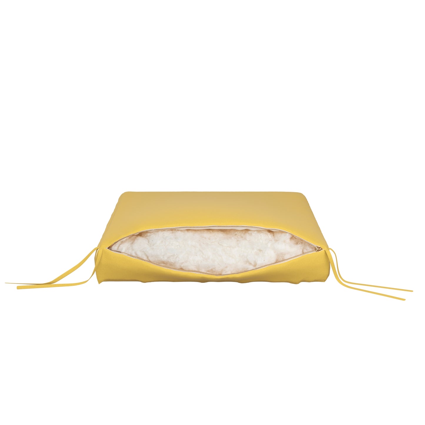 Yellow seat cushion on a white background. Zipper open showing cotton inside.