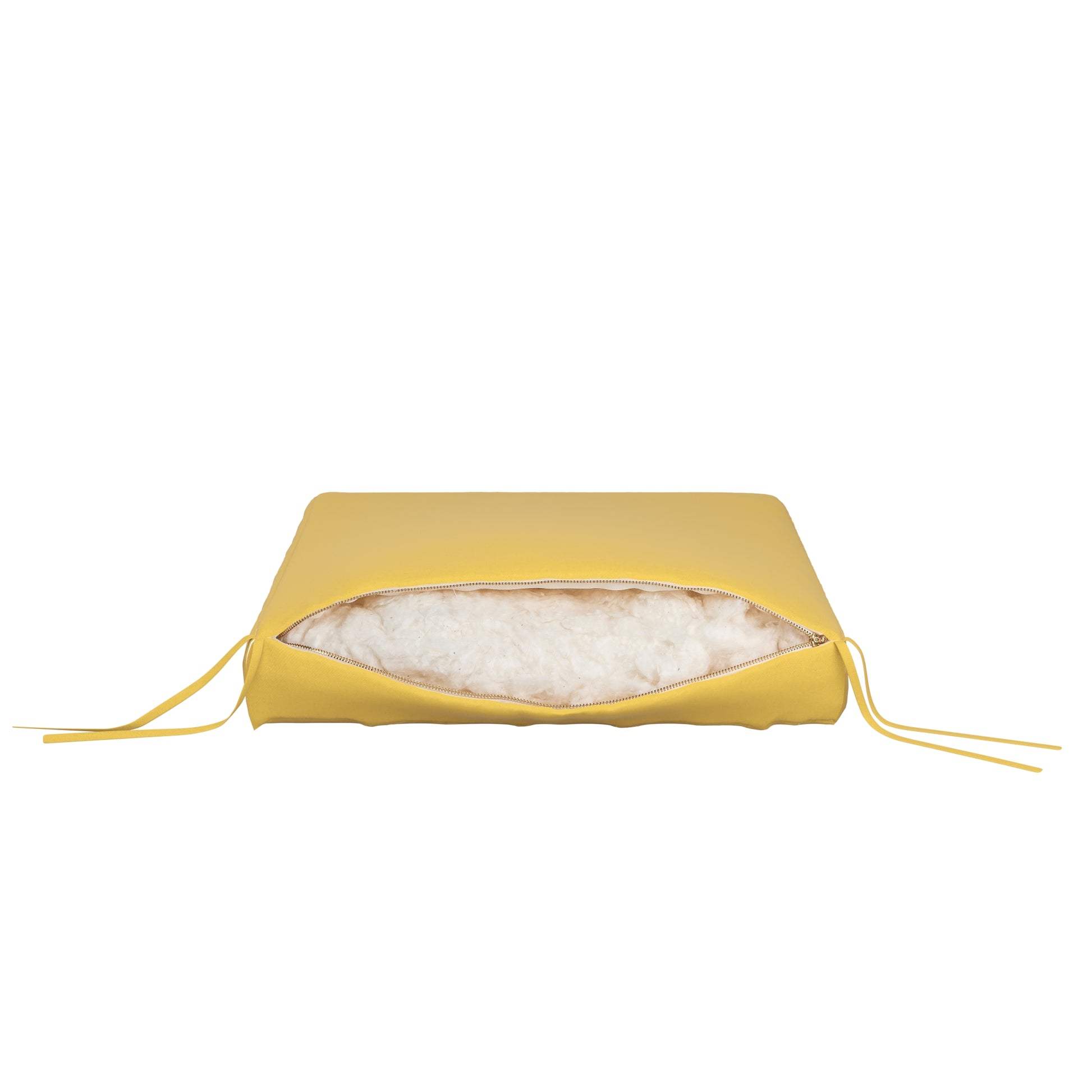 Yellow seat cushion on a white background. Zipper open showing cotton inside.
