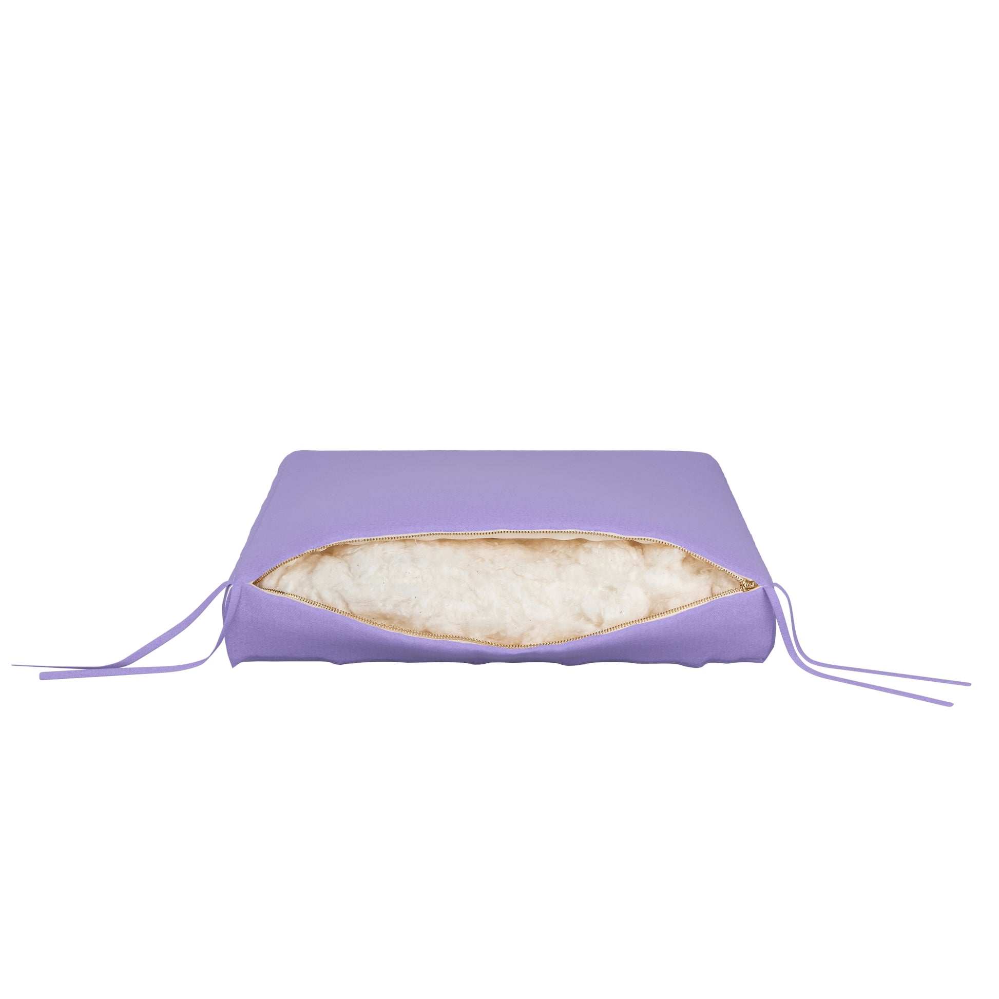 Lavender purple seat cushion on a white background. Zipper open showing cotton inside.