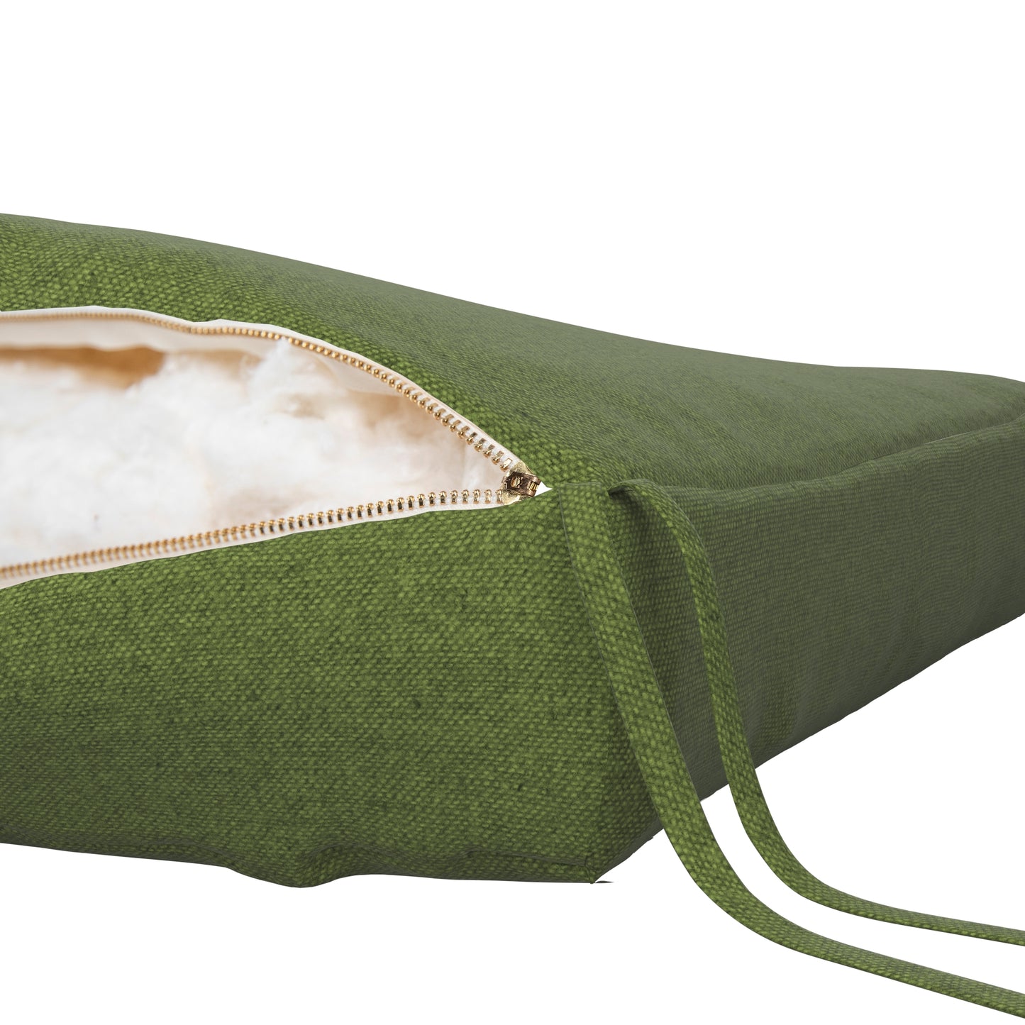Fern green seat cushion on a white background. Zipper open showing cotton inside.