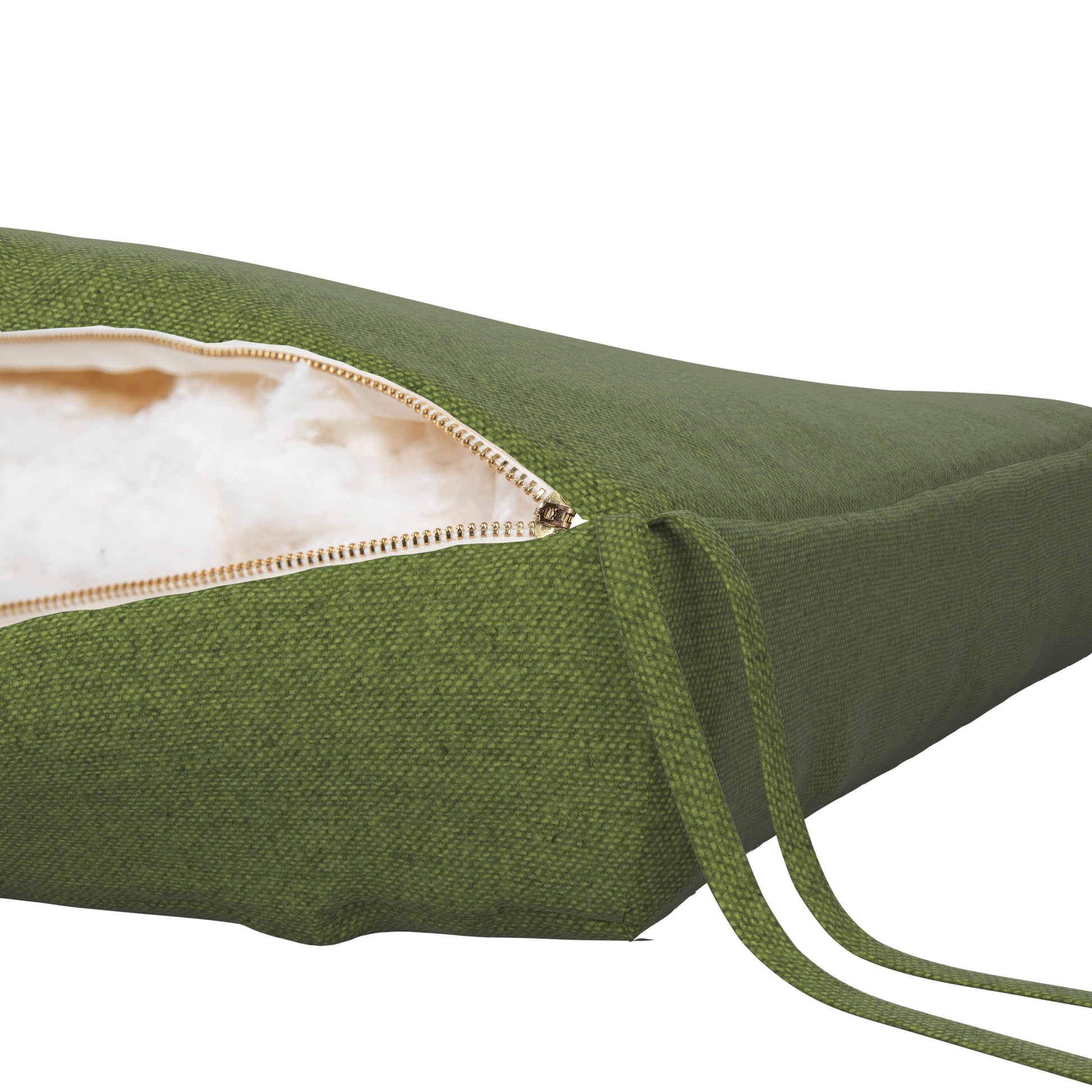 Fern green seat cushion on a white background. Zipper open showing cotton inside.