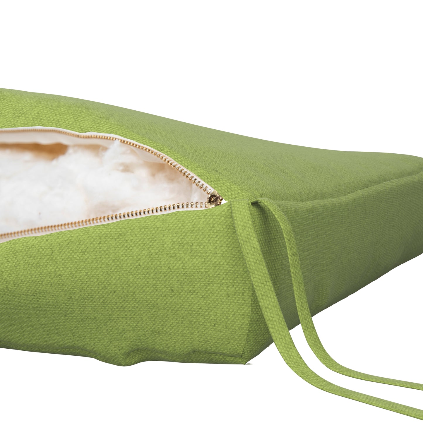 Light green seat cushion on a white background. Zipper open showing cotton inside.