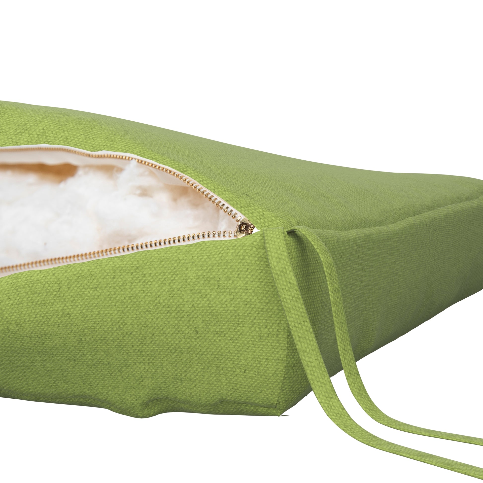 Light green seat cushion on a white background. Zipper open showing cotton inside.
