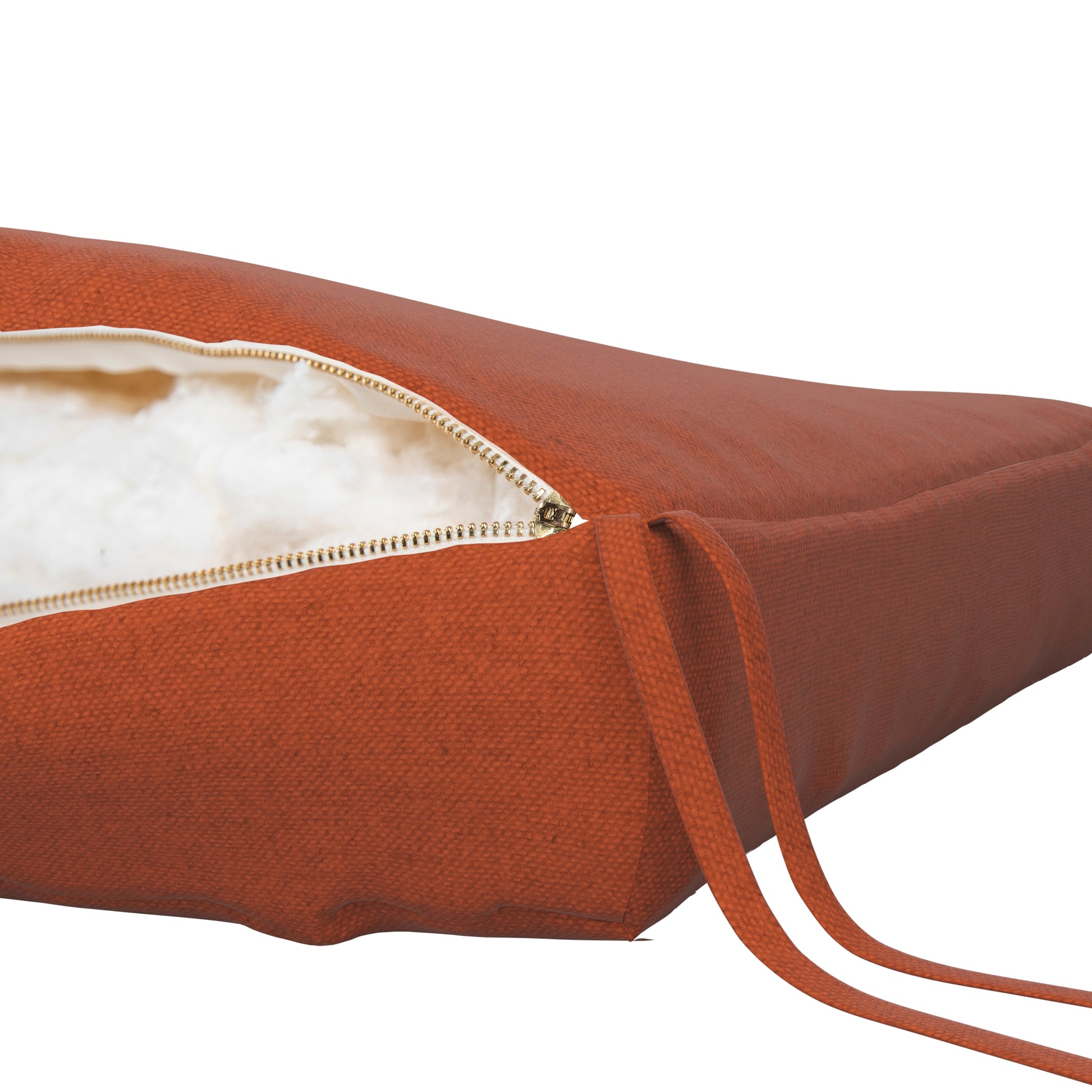 Burnt orange seat cushion on a white background. Zipper open showing cotton inside.