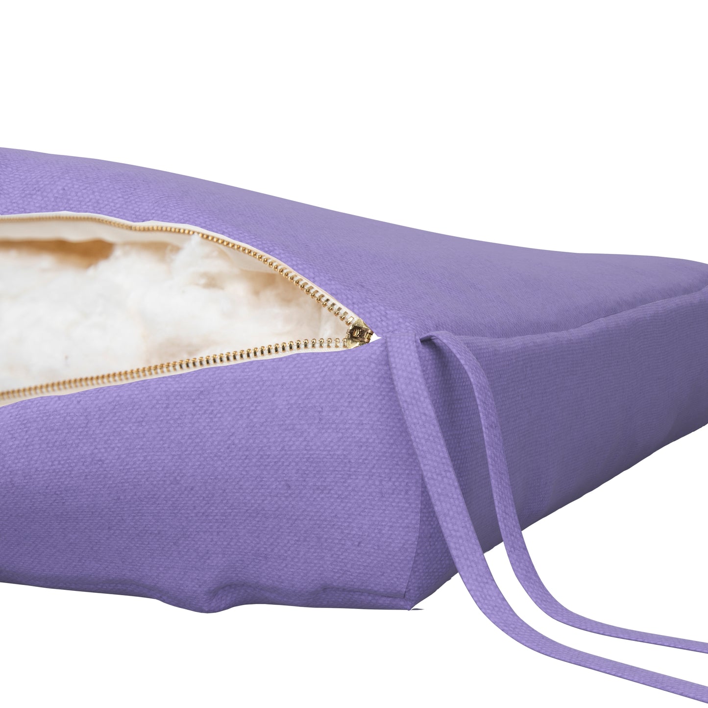 Lavender purple seat cushion on a white background. Zipper open showing cotton inside.