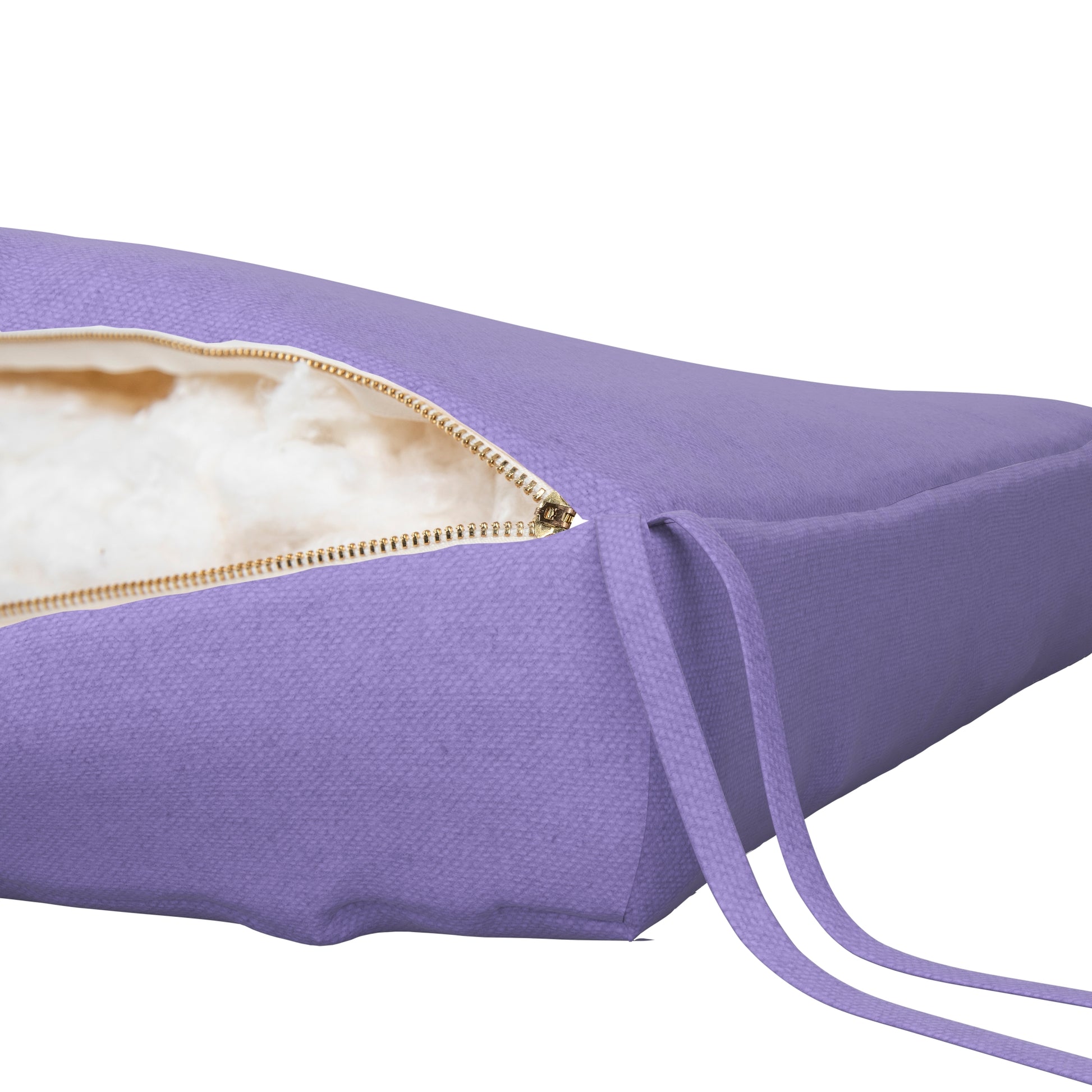 Lavender purple seat cushion on a white background. Zipper open showing cotton inside.