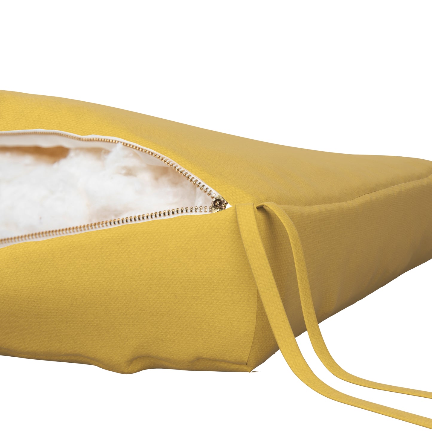 Yellow seat cushion on a white background. Zipper open showing cotton inside.