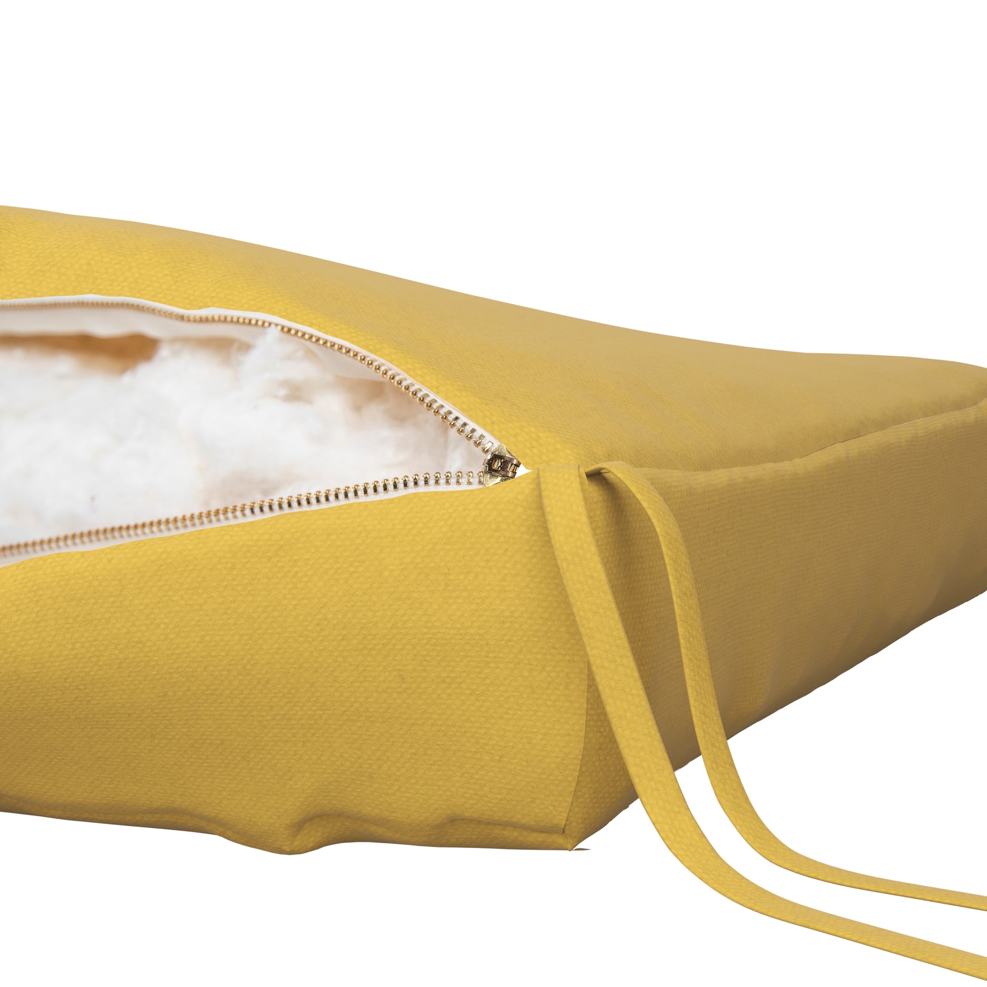 Yellow seat cushion on a white background. Zipper open showing cotton inside.