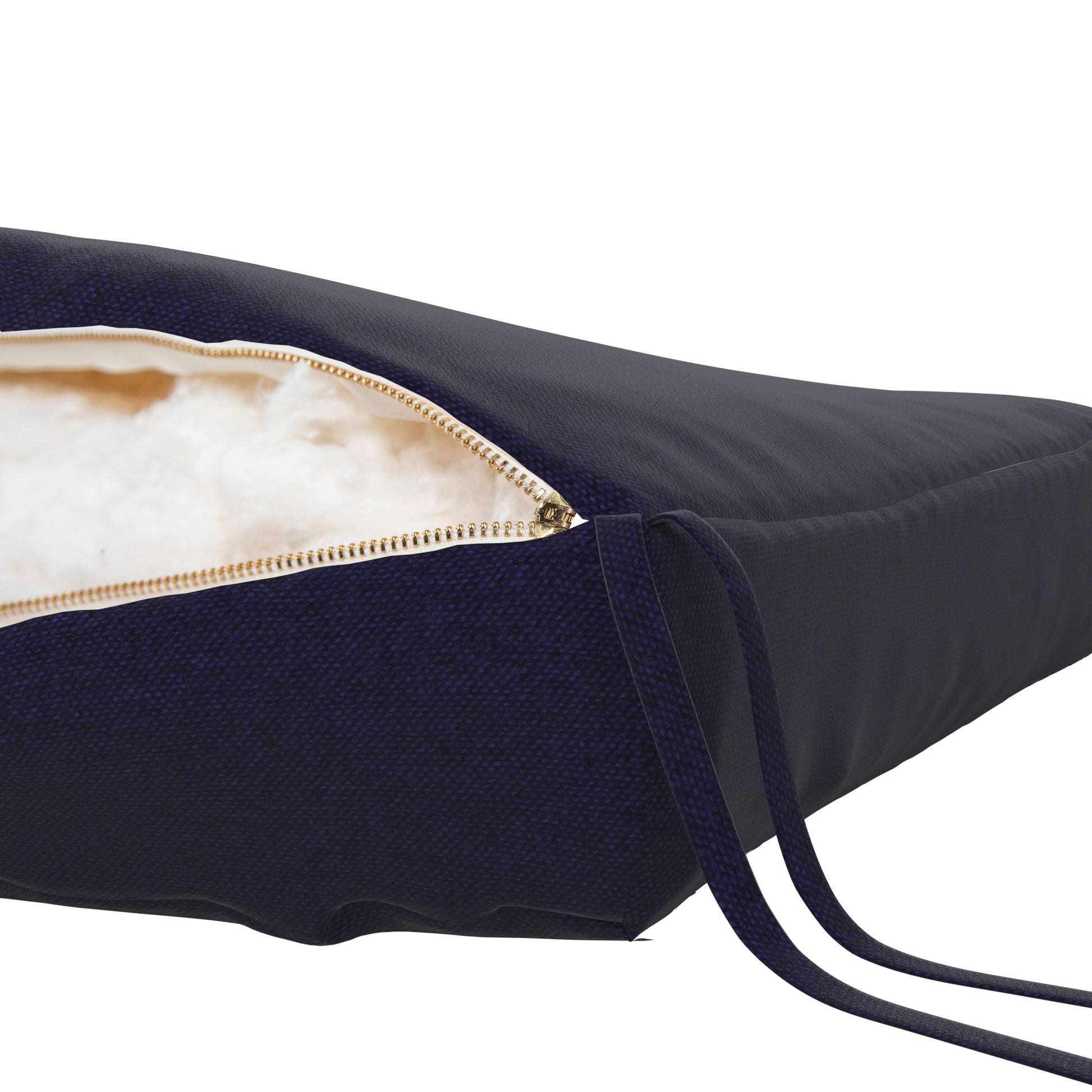 Navy blue seat cushion on a white background. Zipper open showing cotton inside.