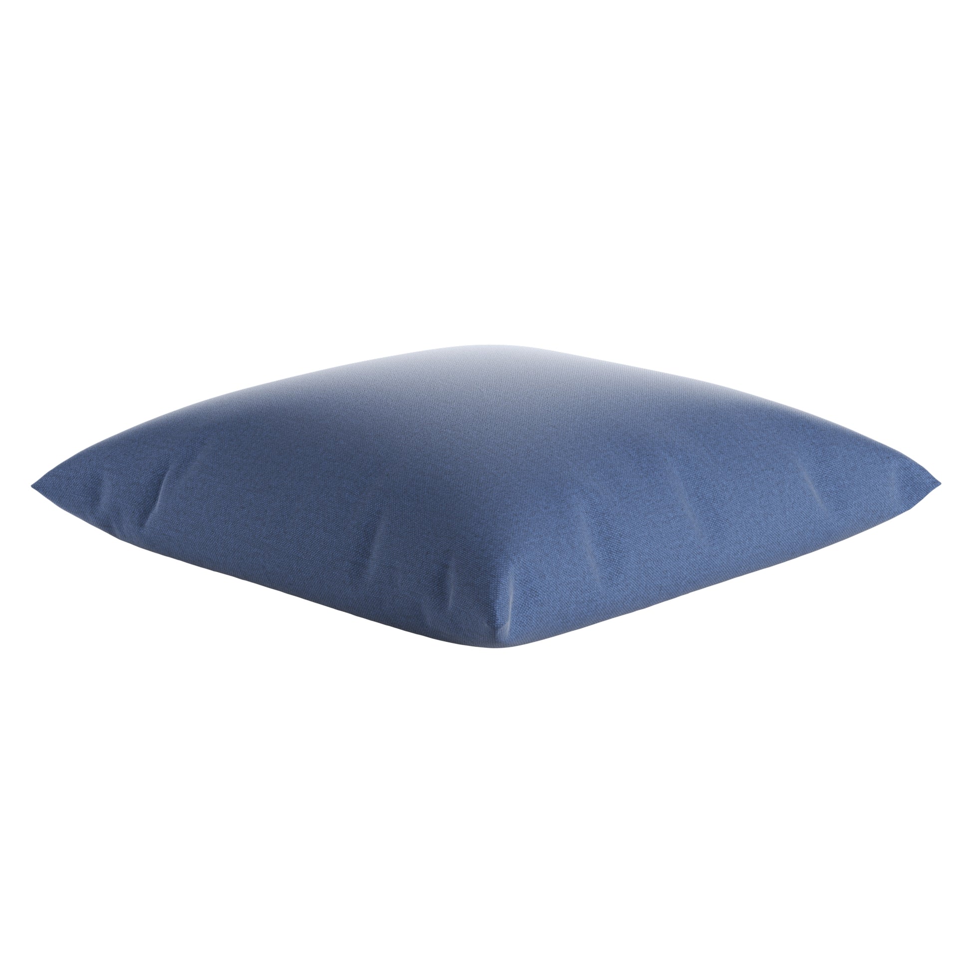 Product image of denim blue square pillow on a white background.