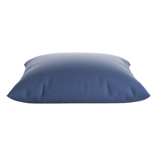 Product image of denim blue square pillow on a white background.