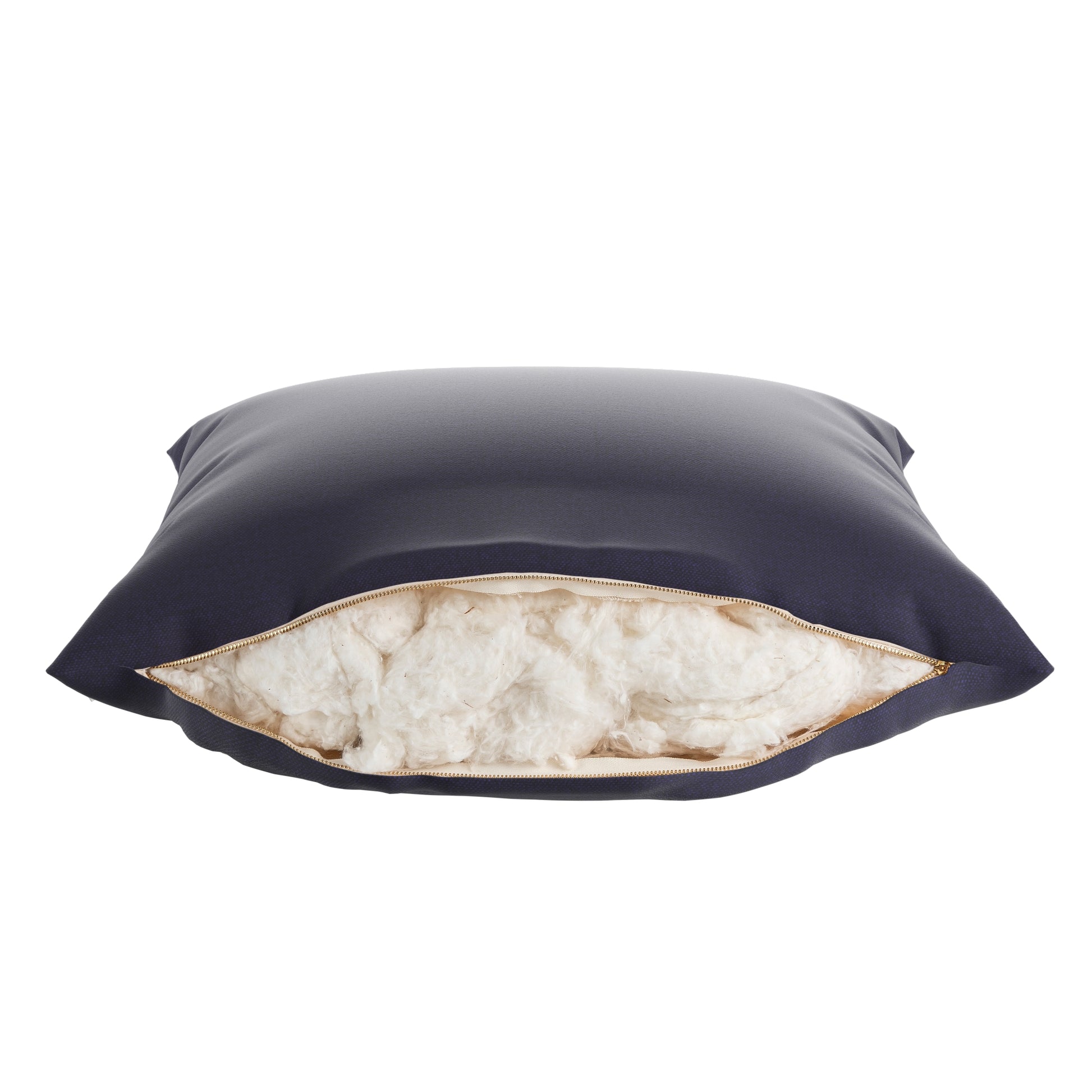 Product image of a navy blue pillow on a white background. Cover zipper open showing cotton inside.