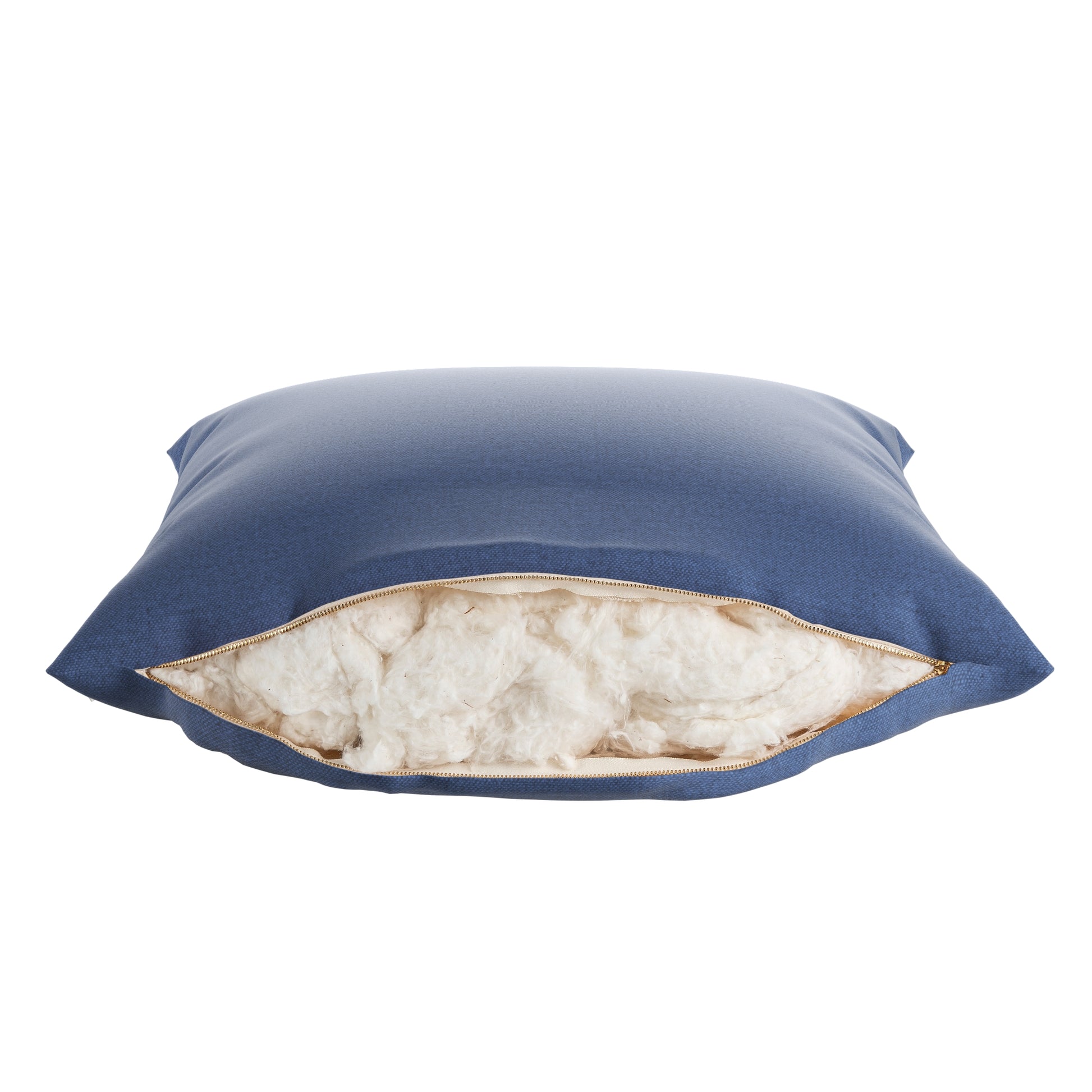 Product image of denim blue square pillow on a white background.