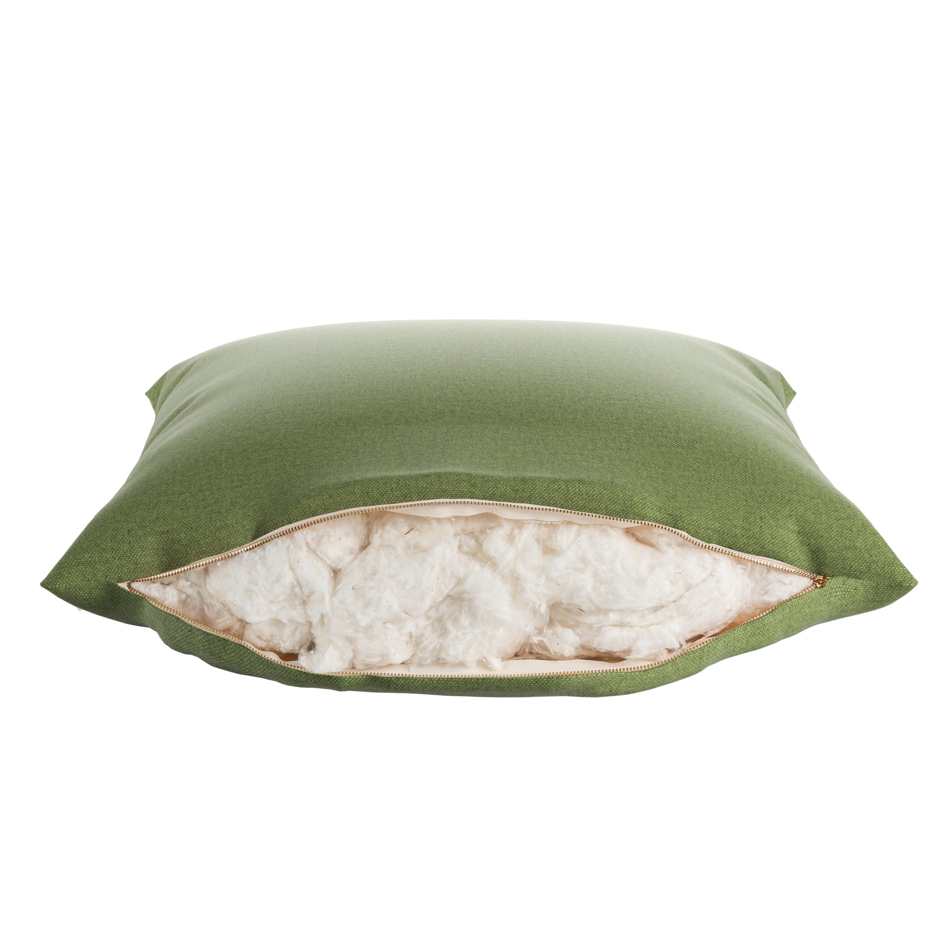 Fern green square pillow on a white background. Zipper open showing cotton inside.