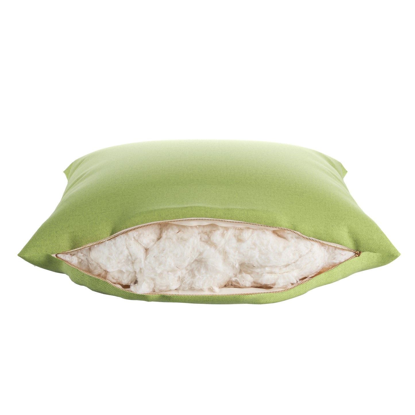Light green square pillow on a white background. Zipper open showing cotton inside.