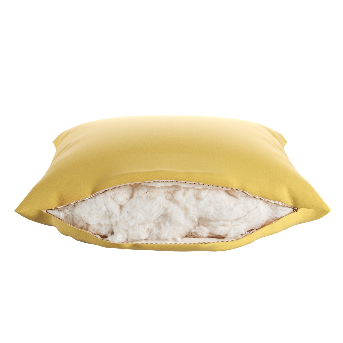 Yellow square pillow on a white background. Zipper open showing cotton inside.