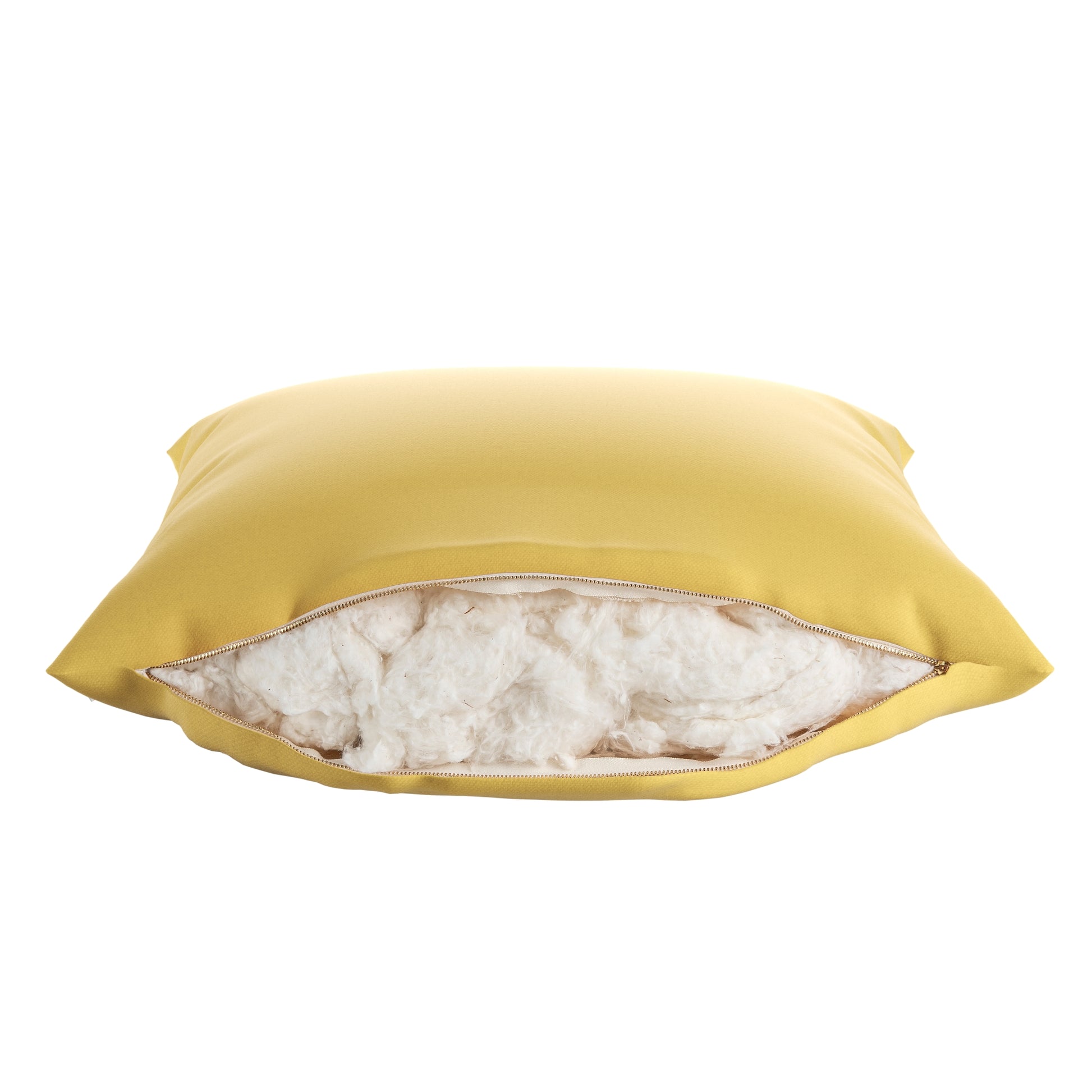 Yellow square pillow on a white background. Zipper open showing cotton inside.