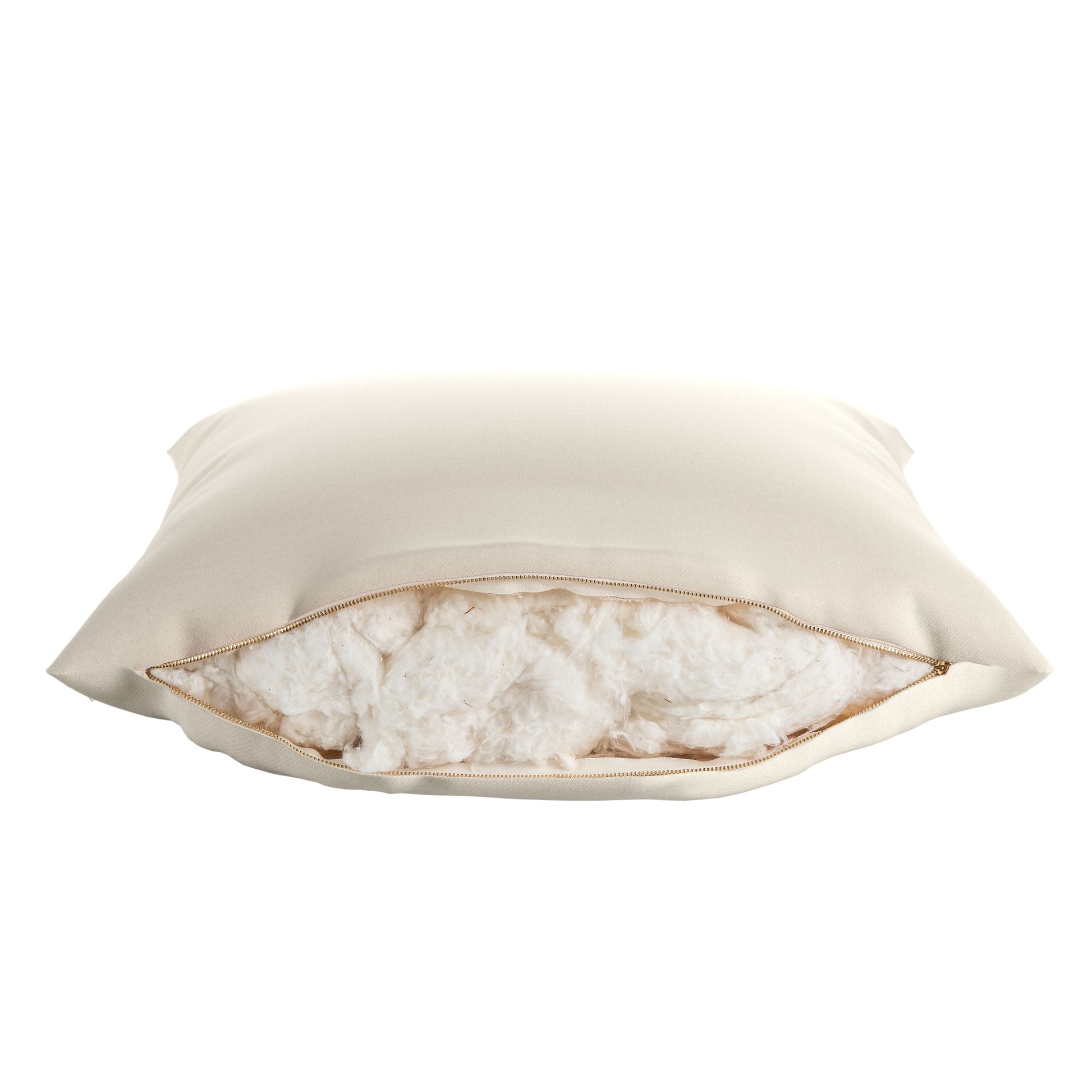 White square pillow on a white background. Zipper open showing cotton inside.