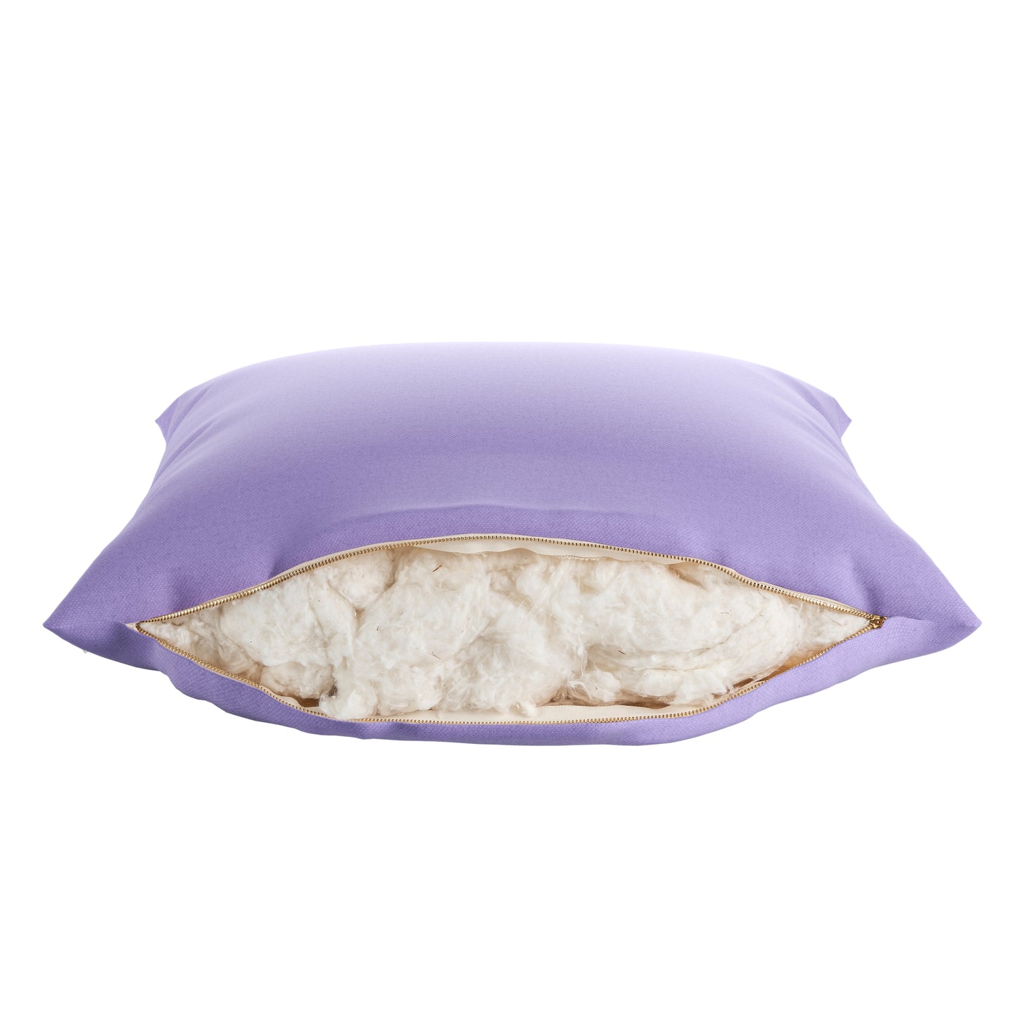 Lavender purple square pillow on a white background. Zipper open showing cotton inside.